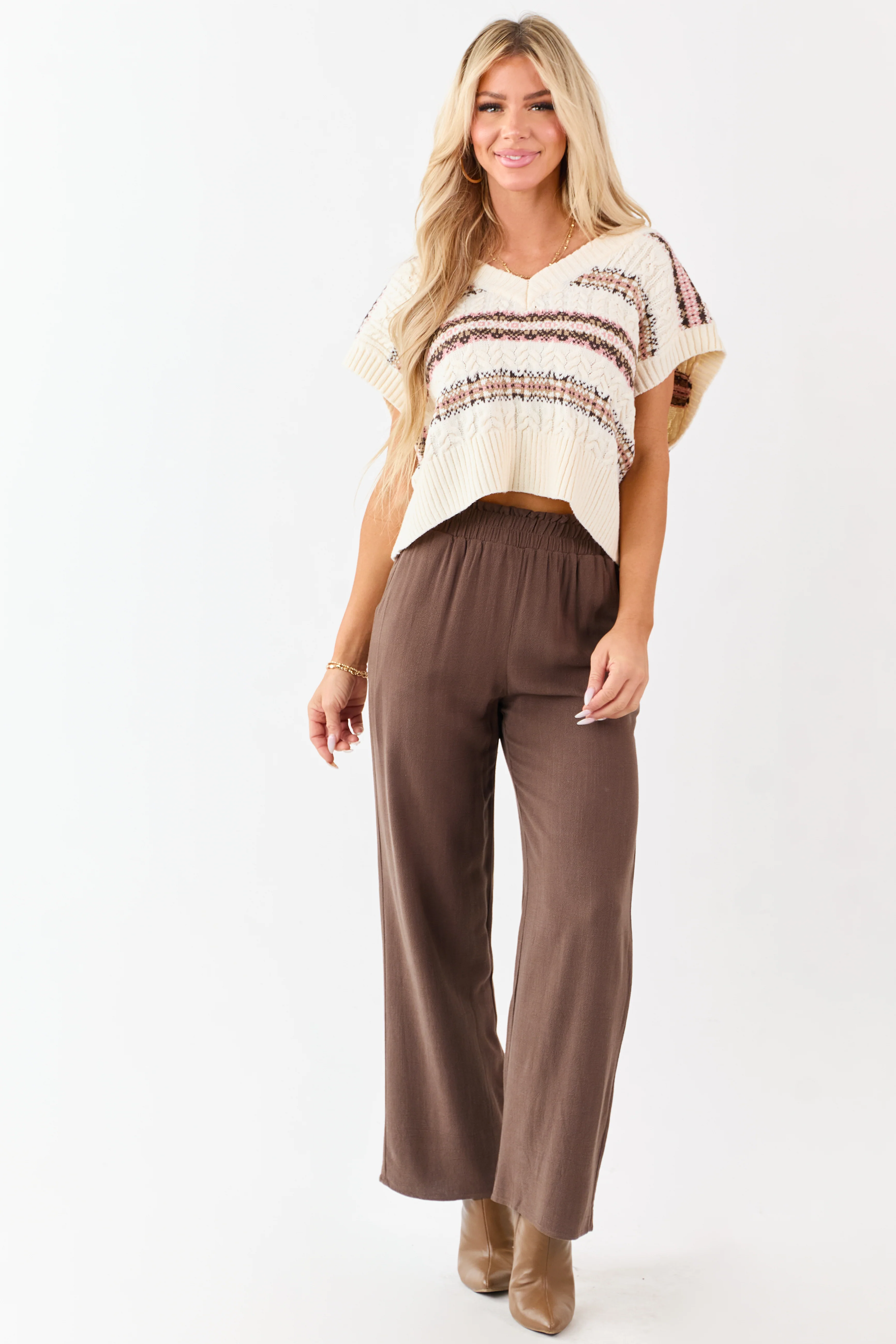 Coffee Smocked Waistband Wide Leg Linen Blend Pants - Image 5