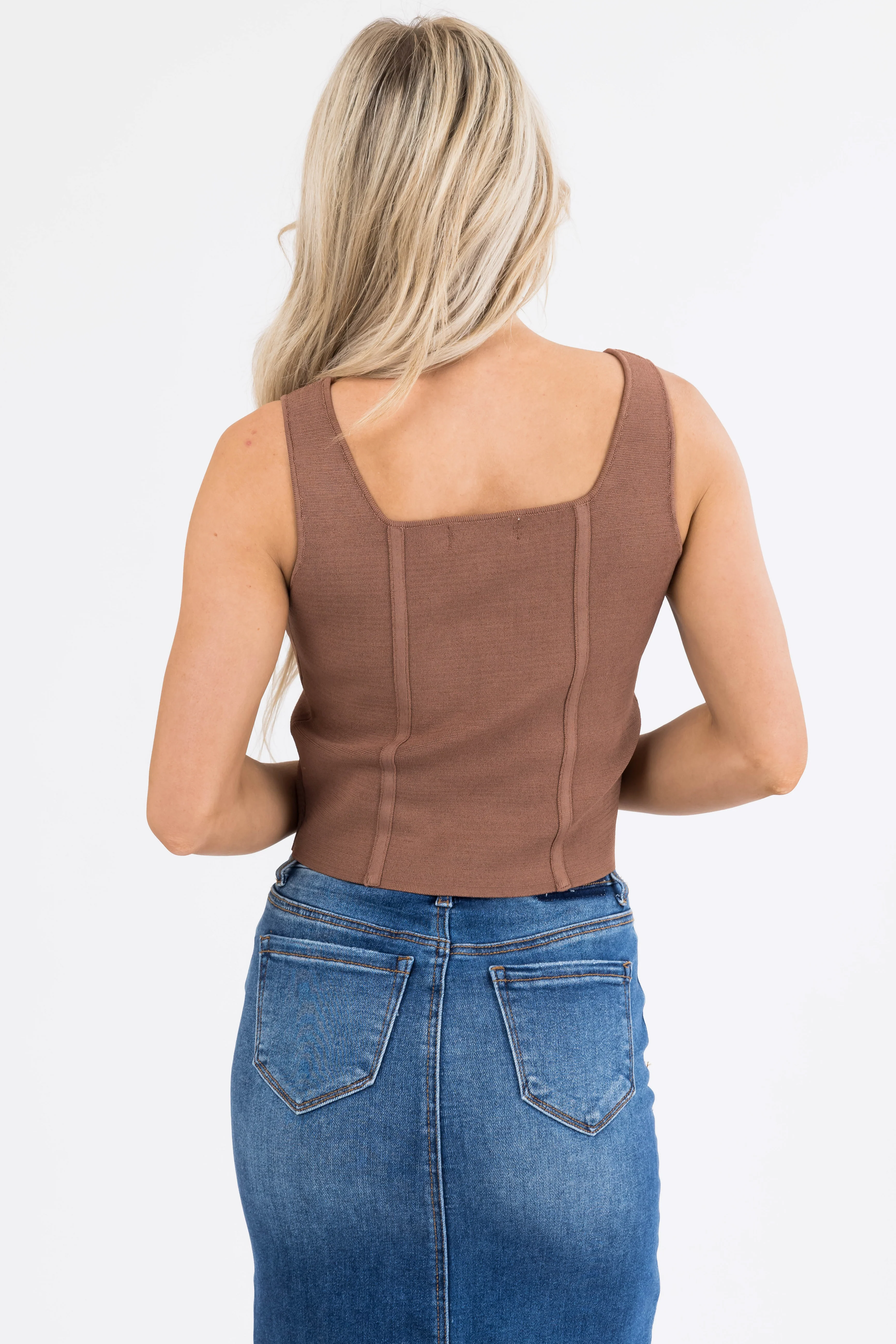 Coffee Square Neck Thick Sleeveless Crop Top - Image 3