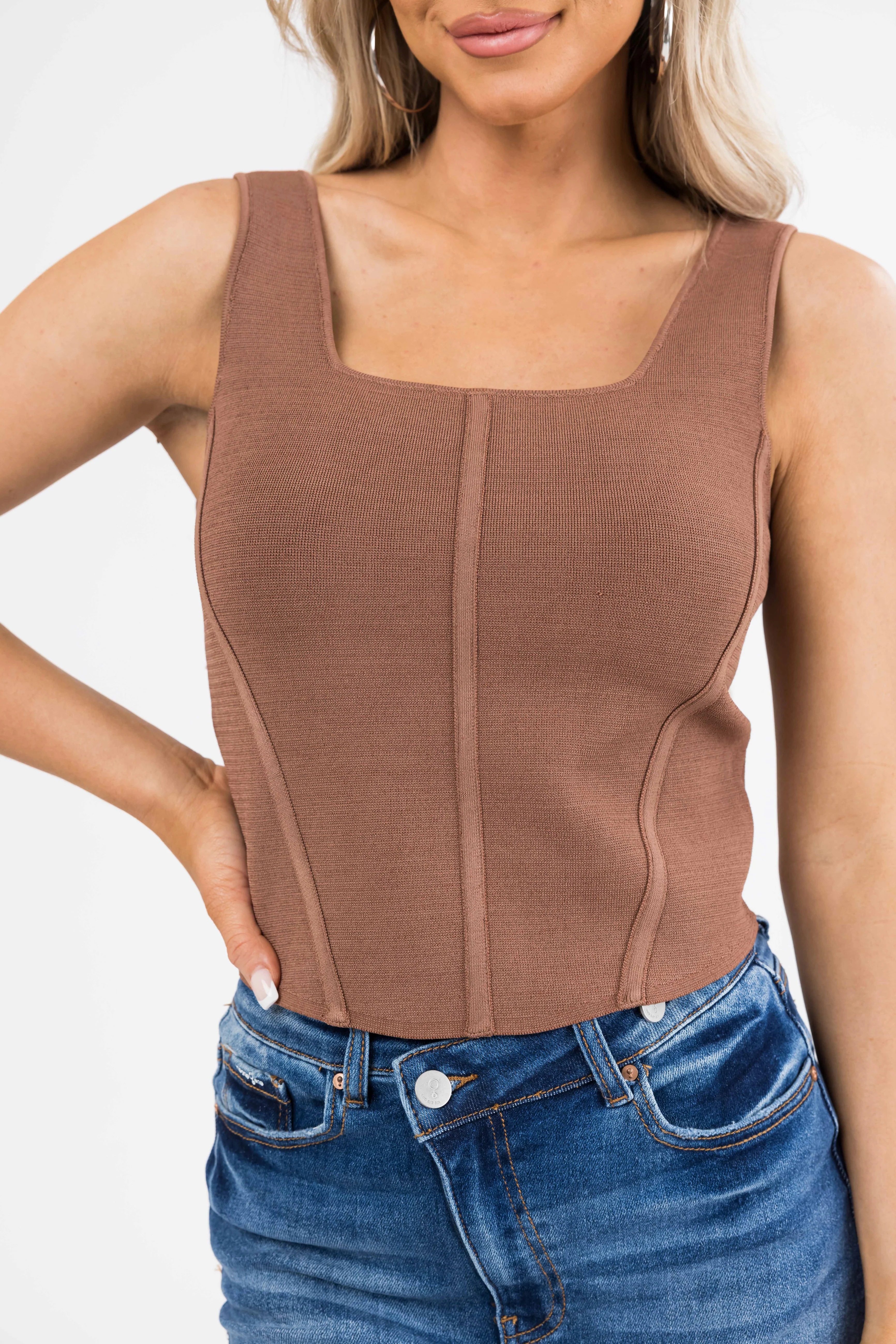 Coffee Square Neck Thick Sleeveless Crop Top - Image 4