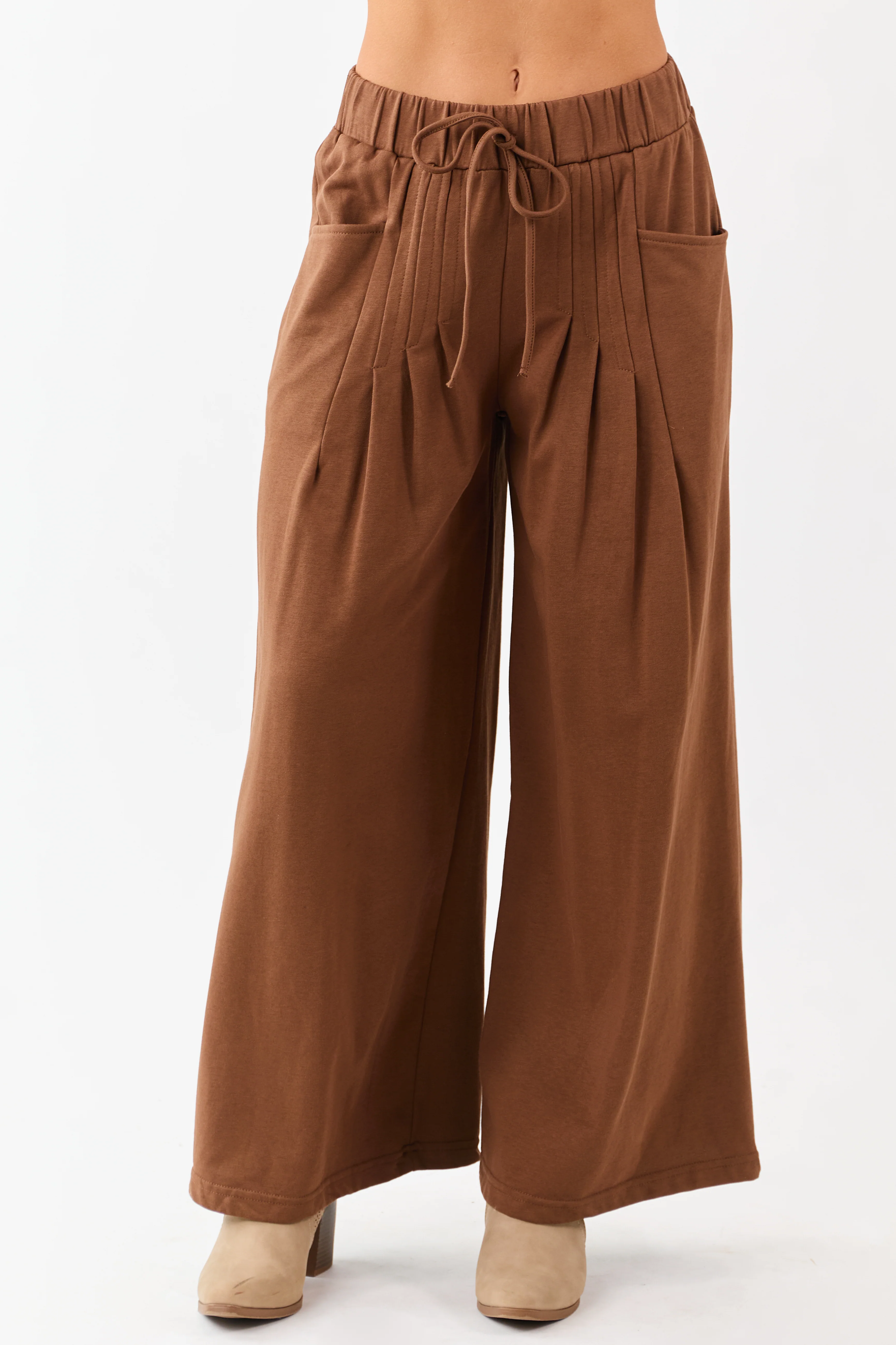 Coffee Wide Leg Pleated Waist Knit Sweatpants - Image 2