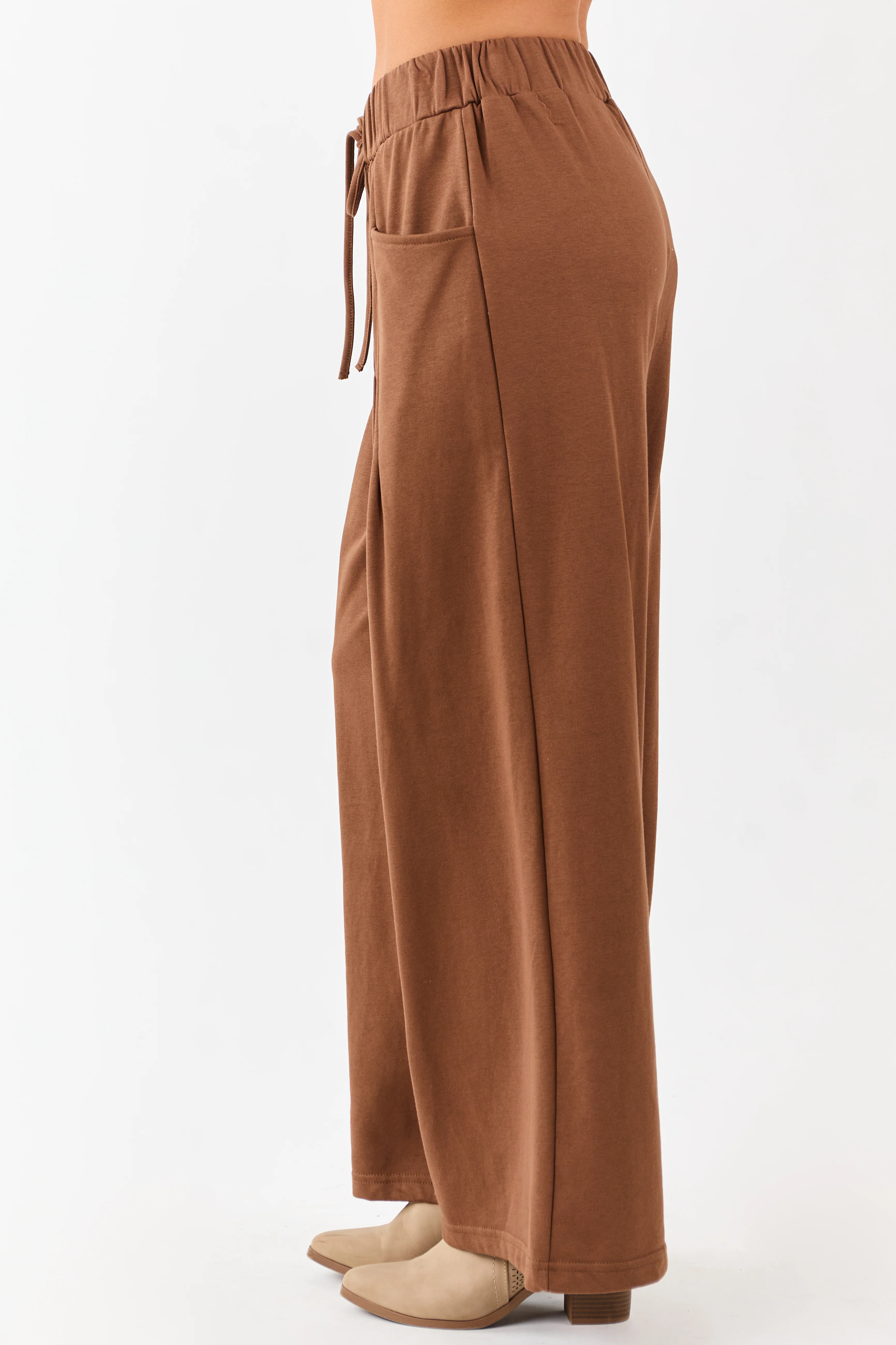 Coffee Wide Leg Pleated Waist Knit Sweatpants - Image 3
