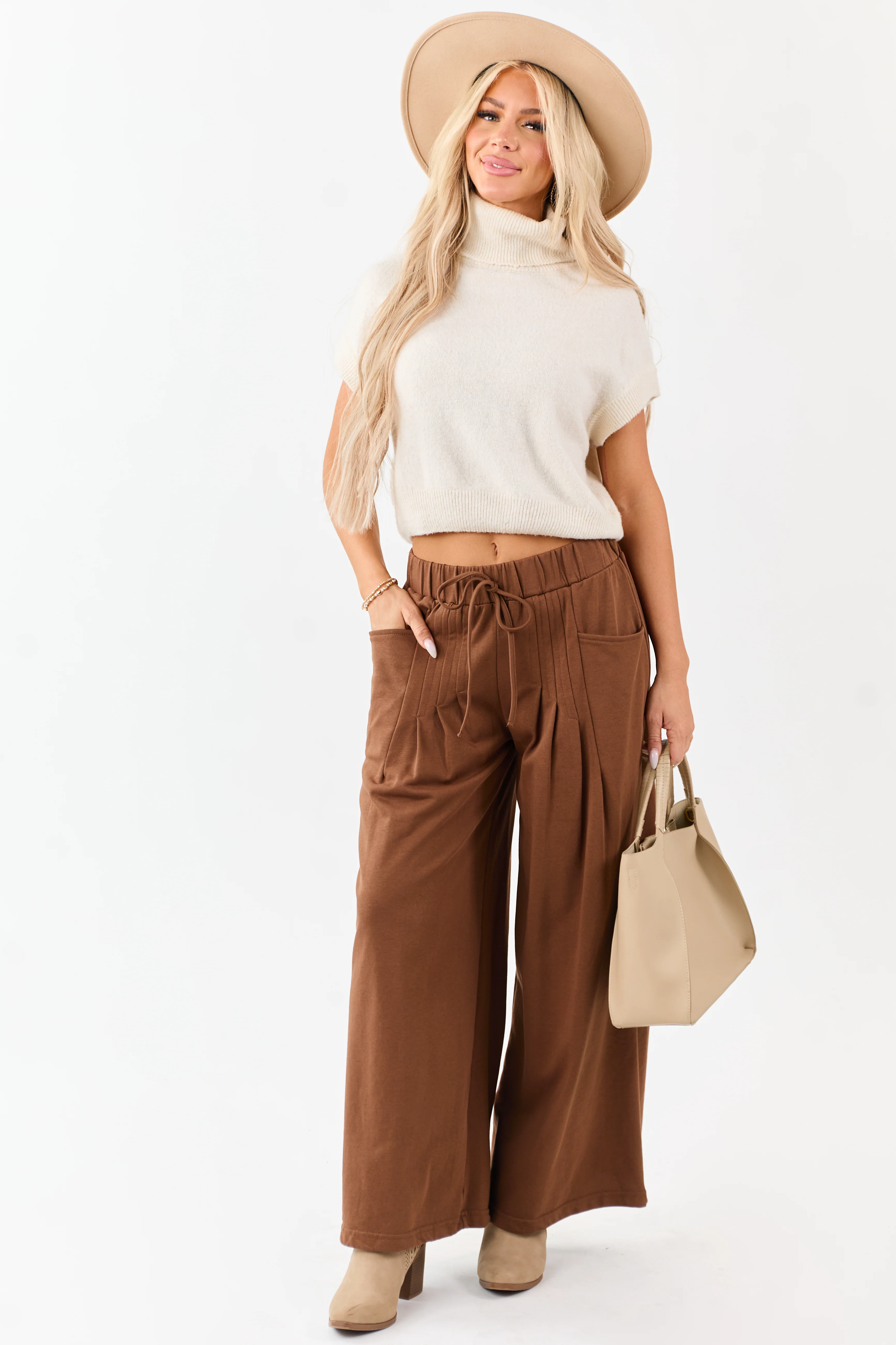 Coffee Wide Leg Pleated Waist Knit Sweatpants - Image 6