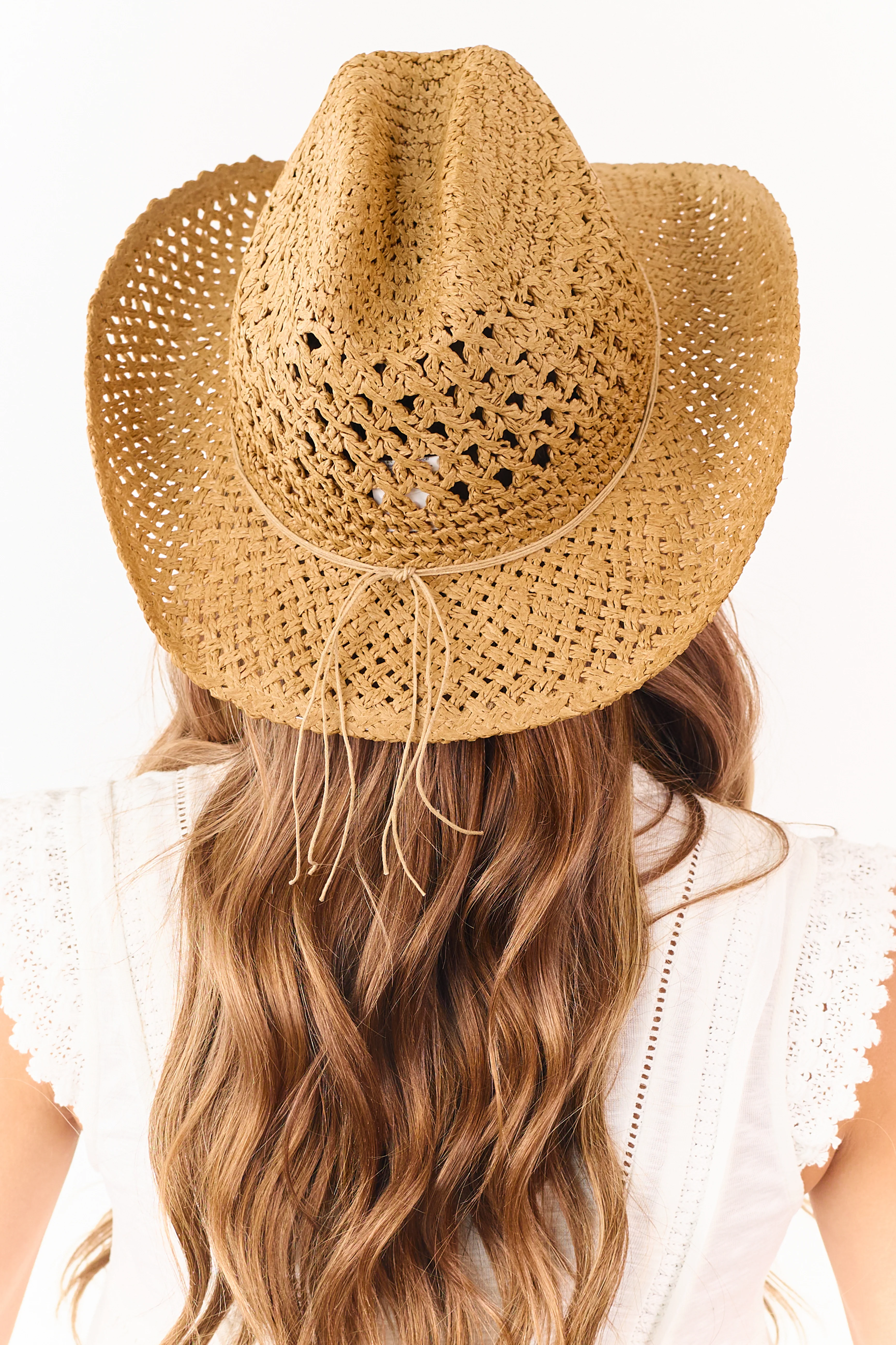 Cognac Bead Detail Woven Straw Cowboy Hat - Image 3