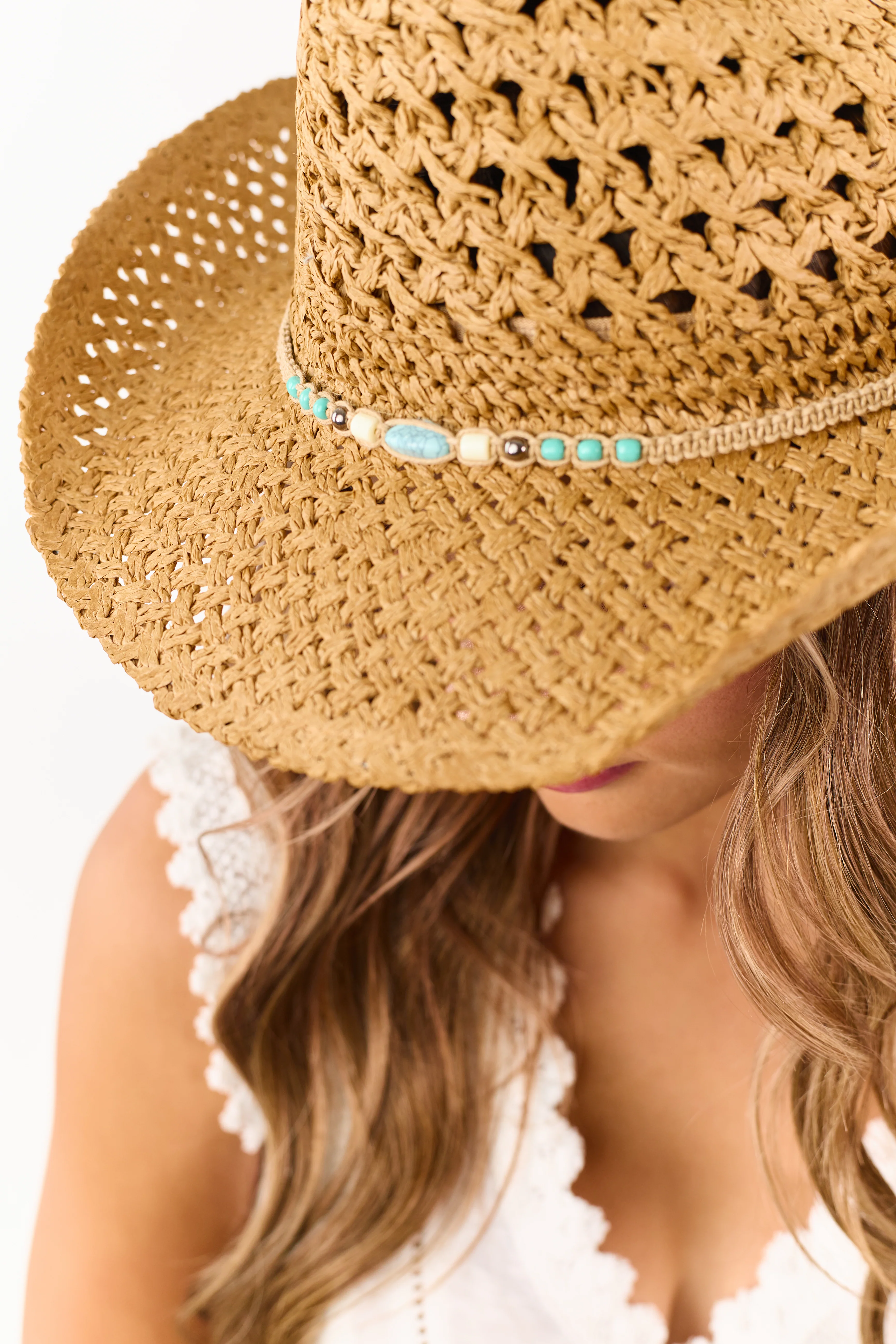 Cognac Bead Detail Woven Straw Cowboy Hat - Image 4