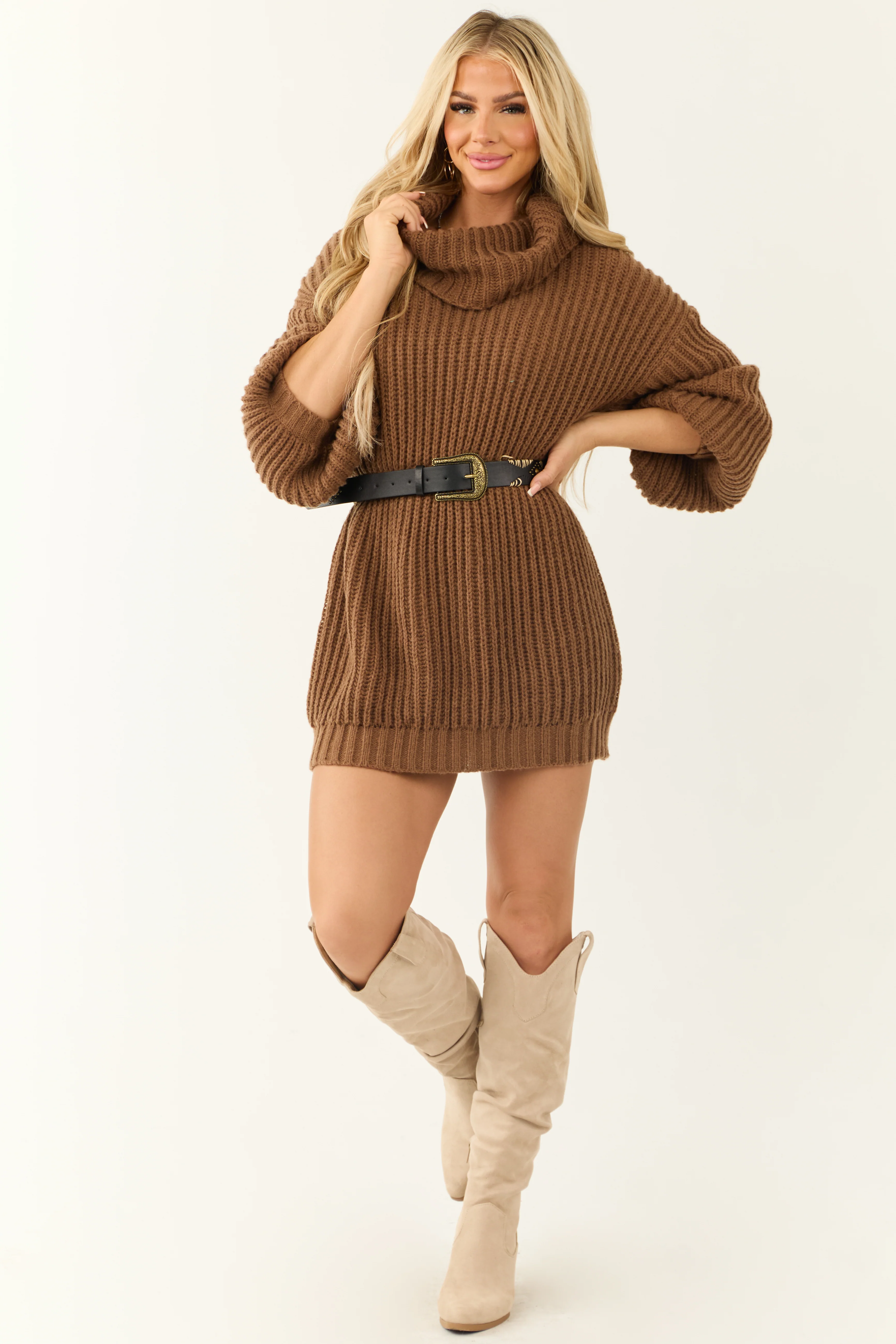 Cognac Chunky Ribbed Knit Turtleneck Tunic Sweater - Image 4