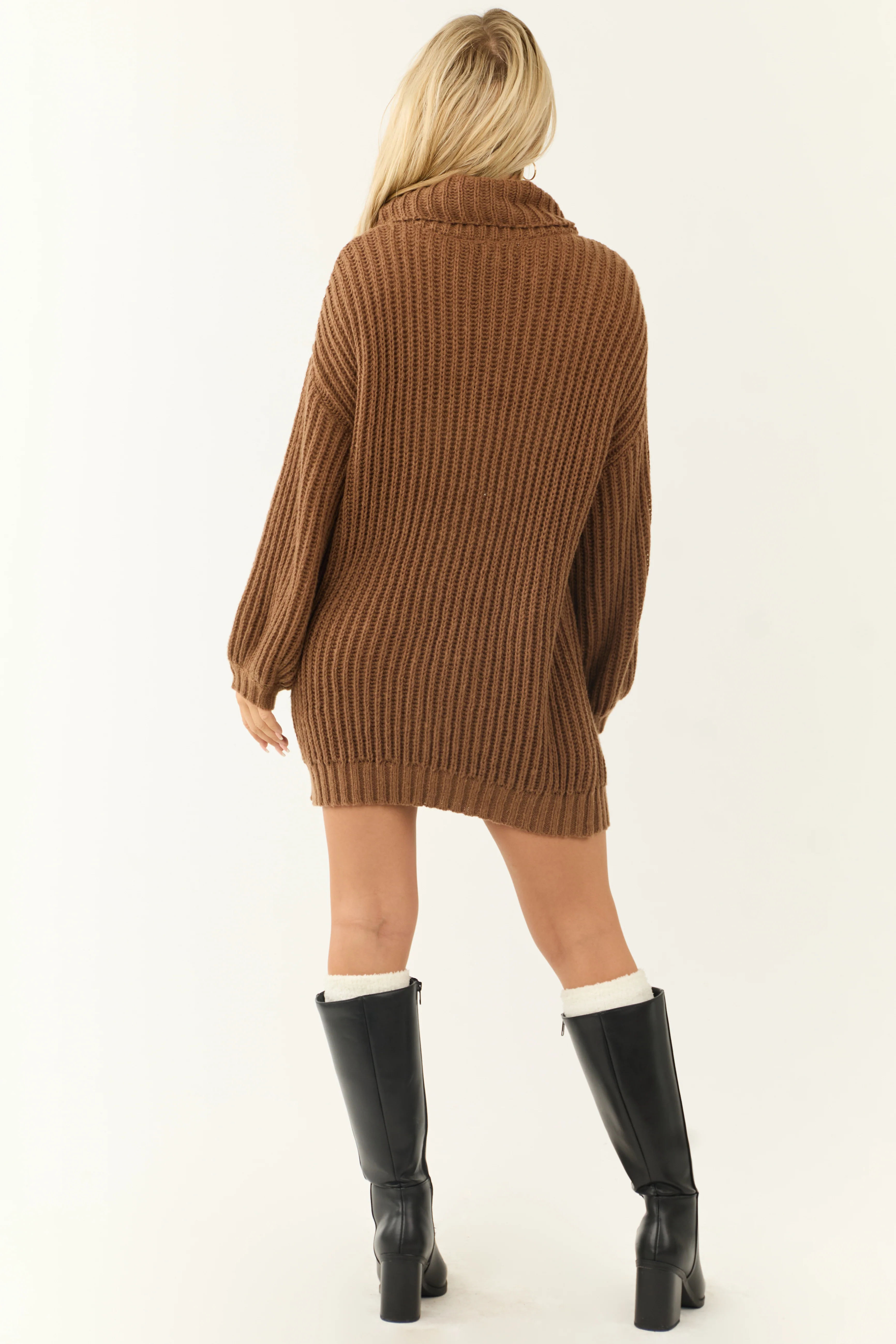 Cognac Chunky Ribbed Knit Turtleneck Tunic Sweater - Image 6