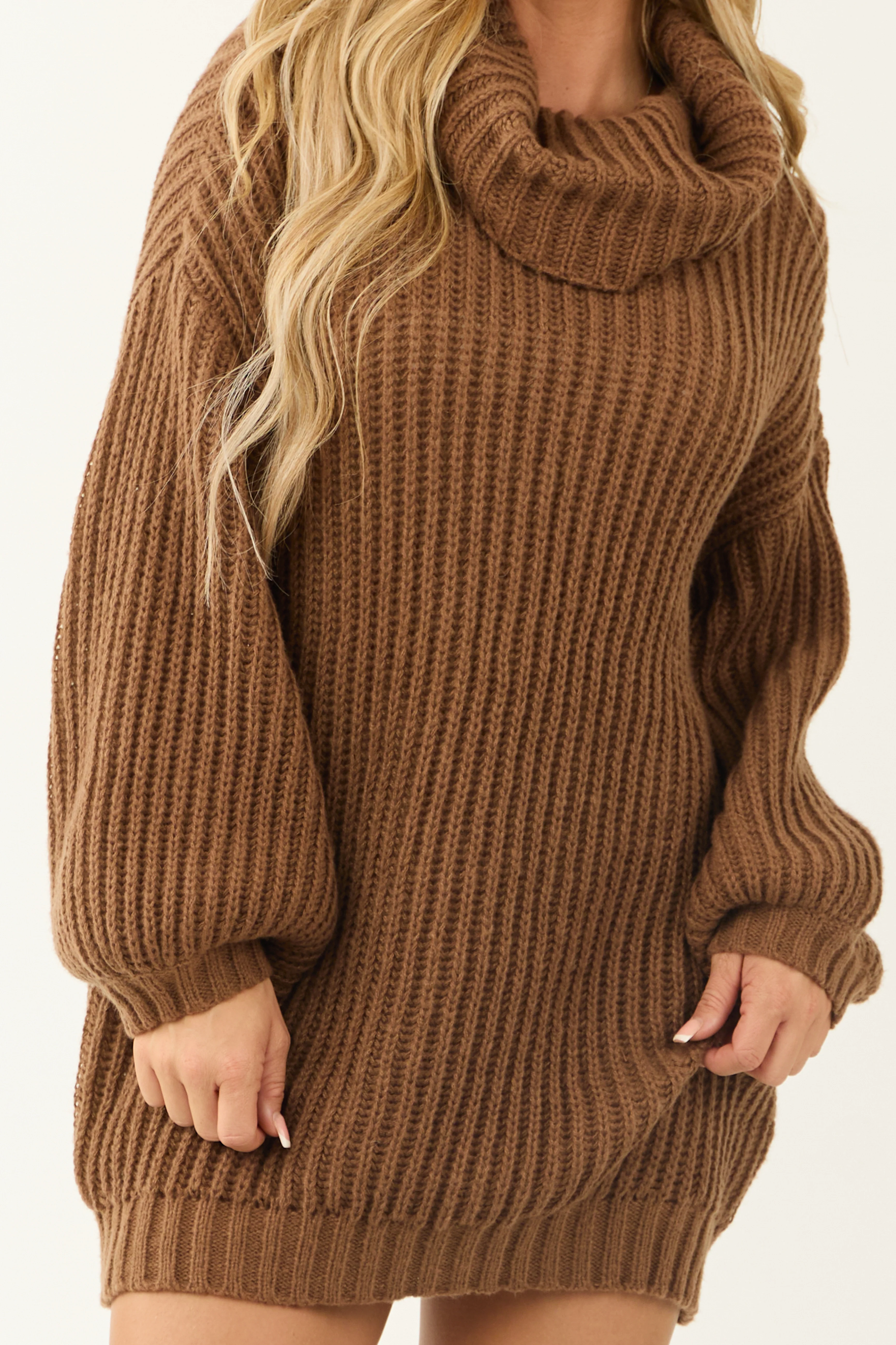 Cognac Chunky Ribbed Knit Turtleneck Tunic Sweater - Image 7