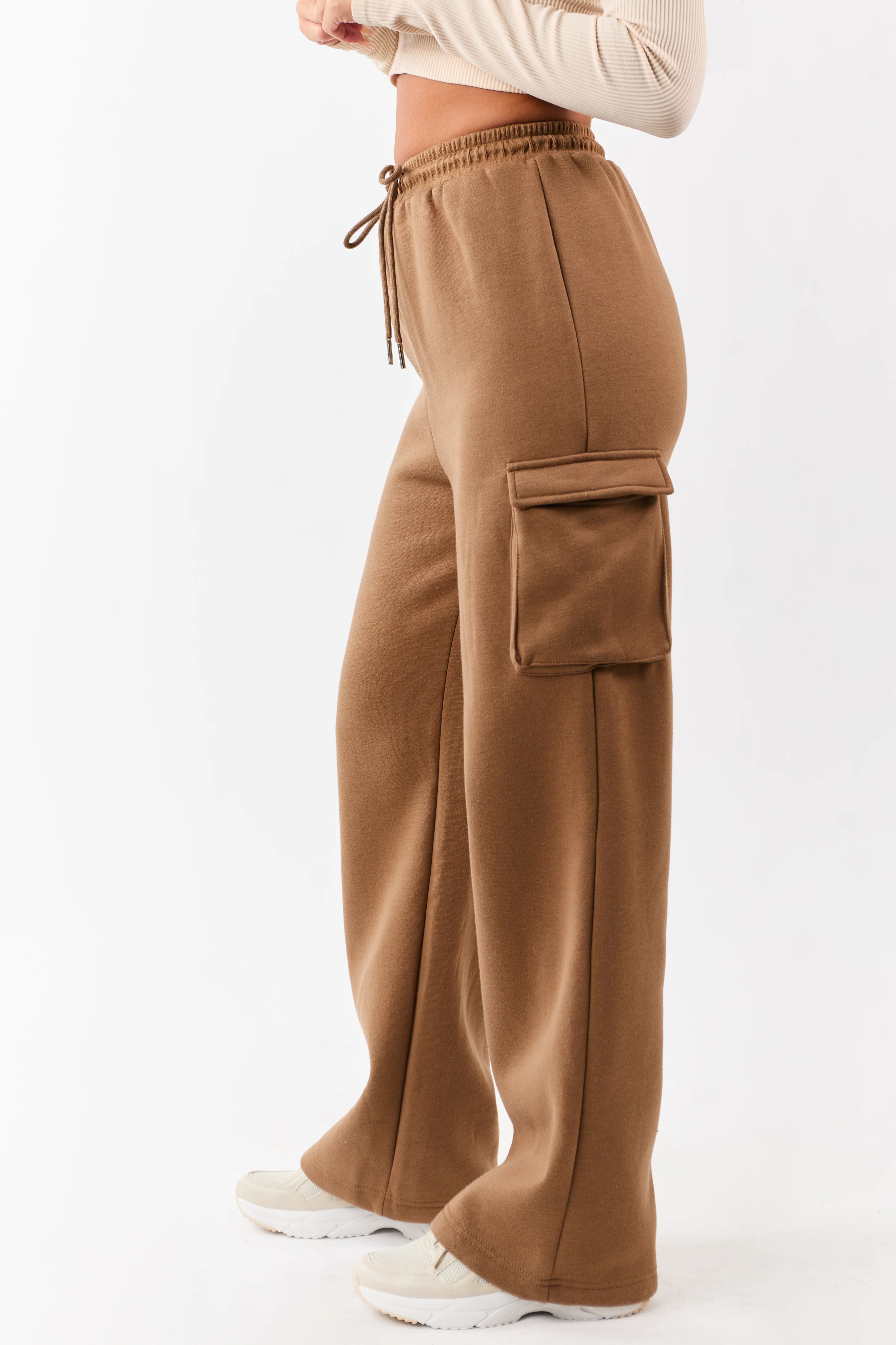 Cognac Elastic Waist Knit Cargo Sweatpants - Image 3