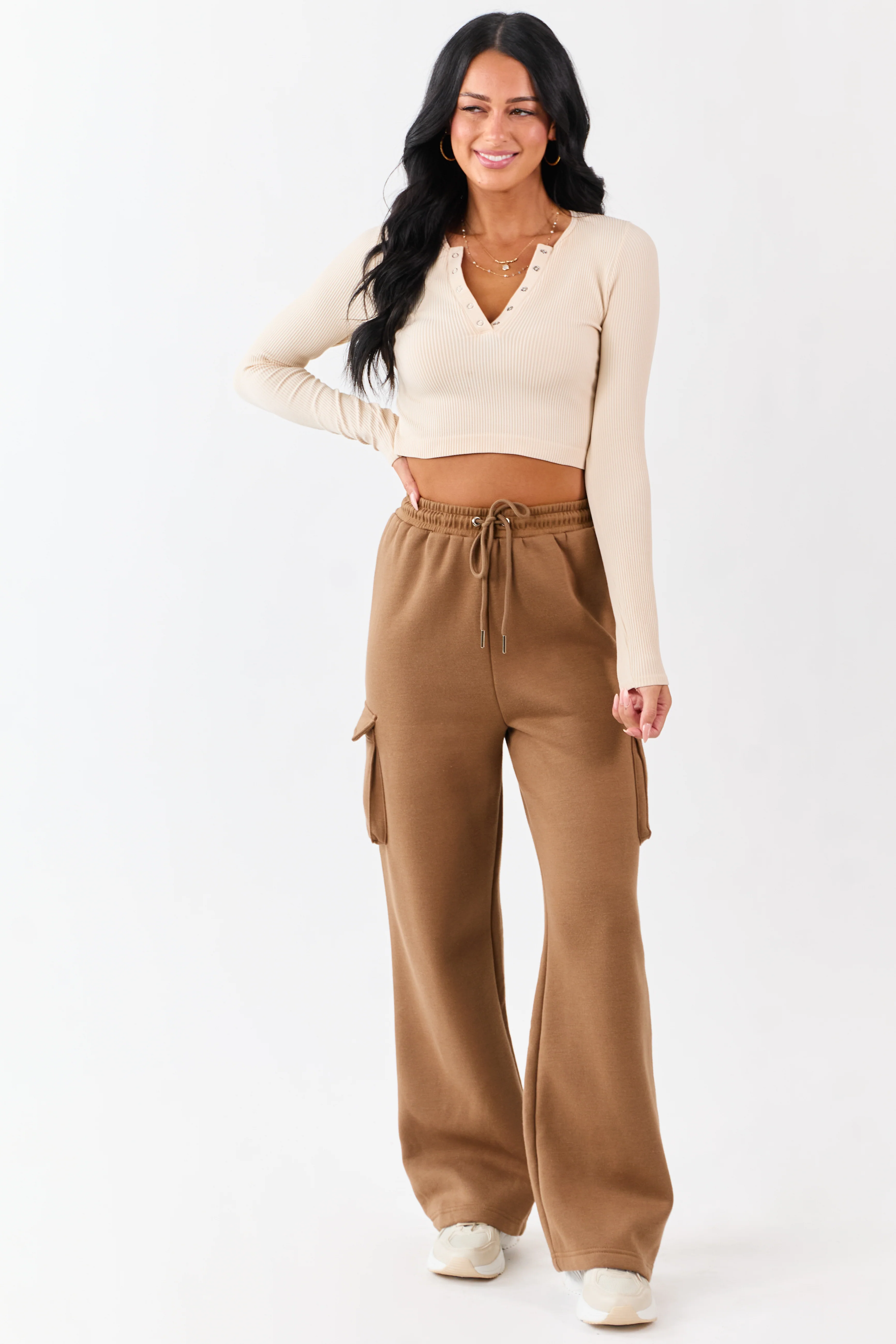 Cognac Elastic Waist Knit Cargo Sweatpants - Image 5