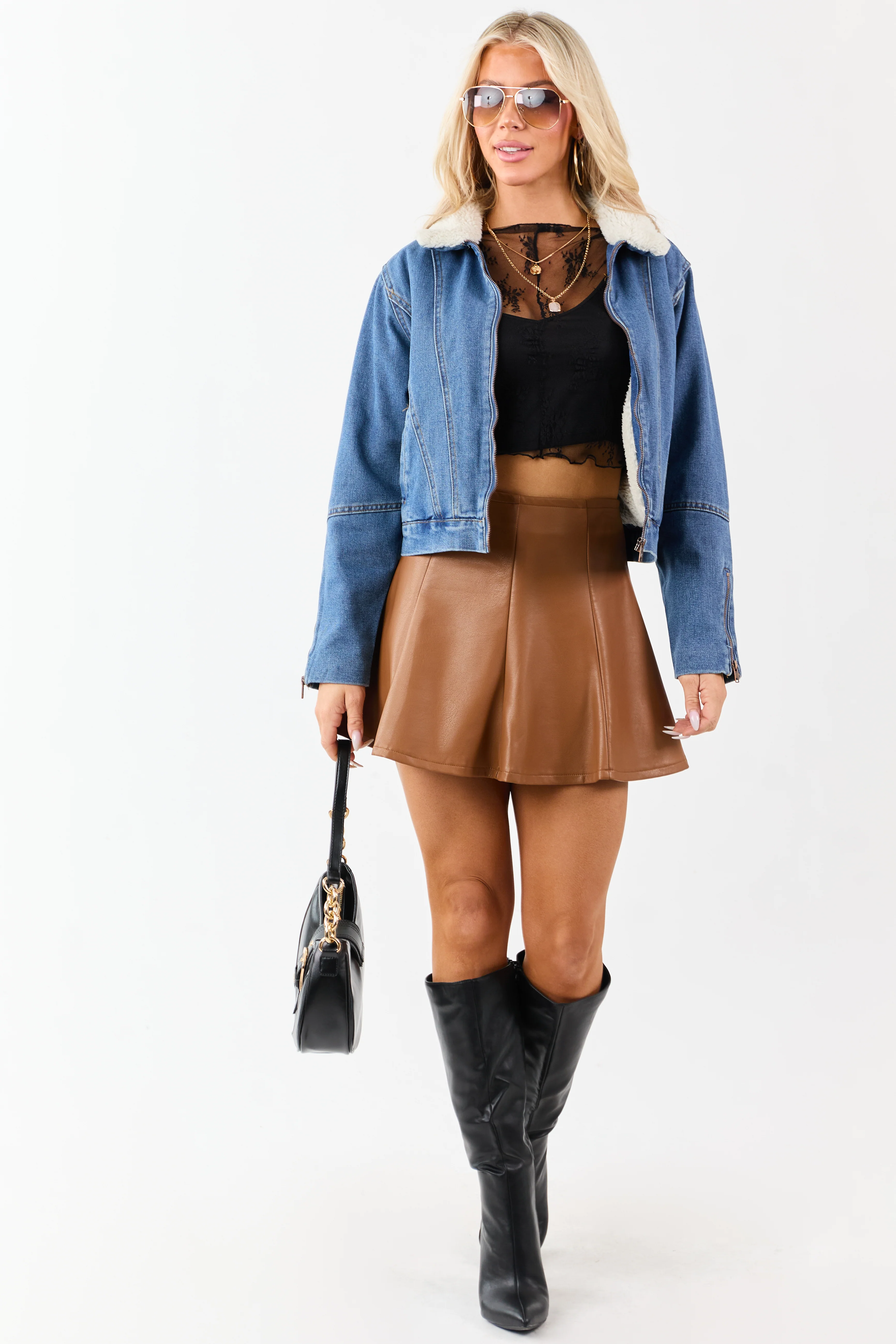 Cognac Faux Leather Flare Mini Skirt - Image 6