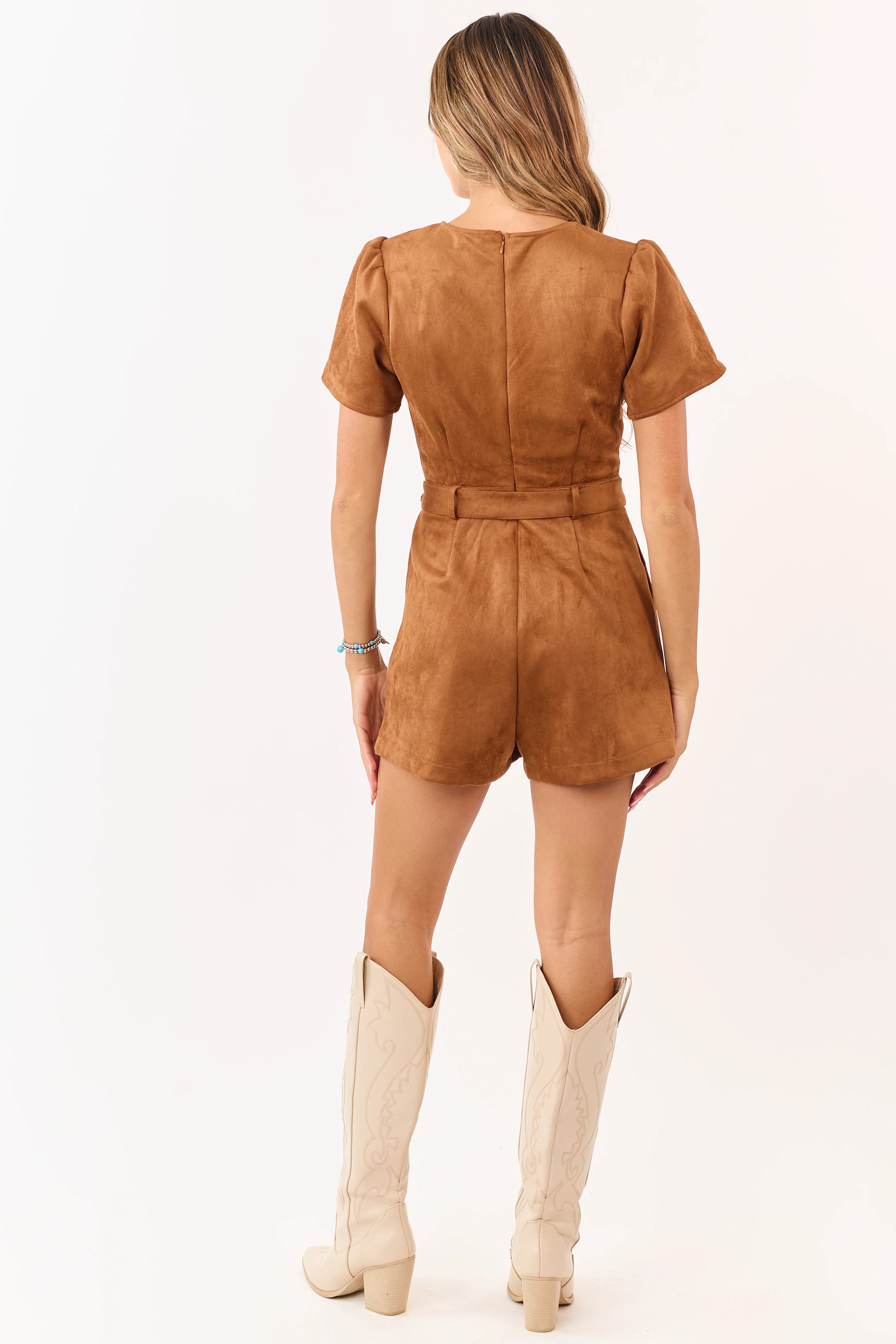 Cognac Faux Suede Belted Short Sleeve Romper - Image 5