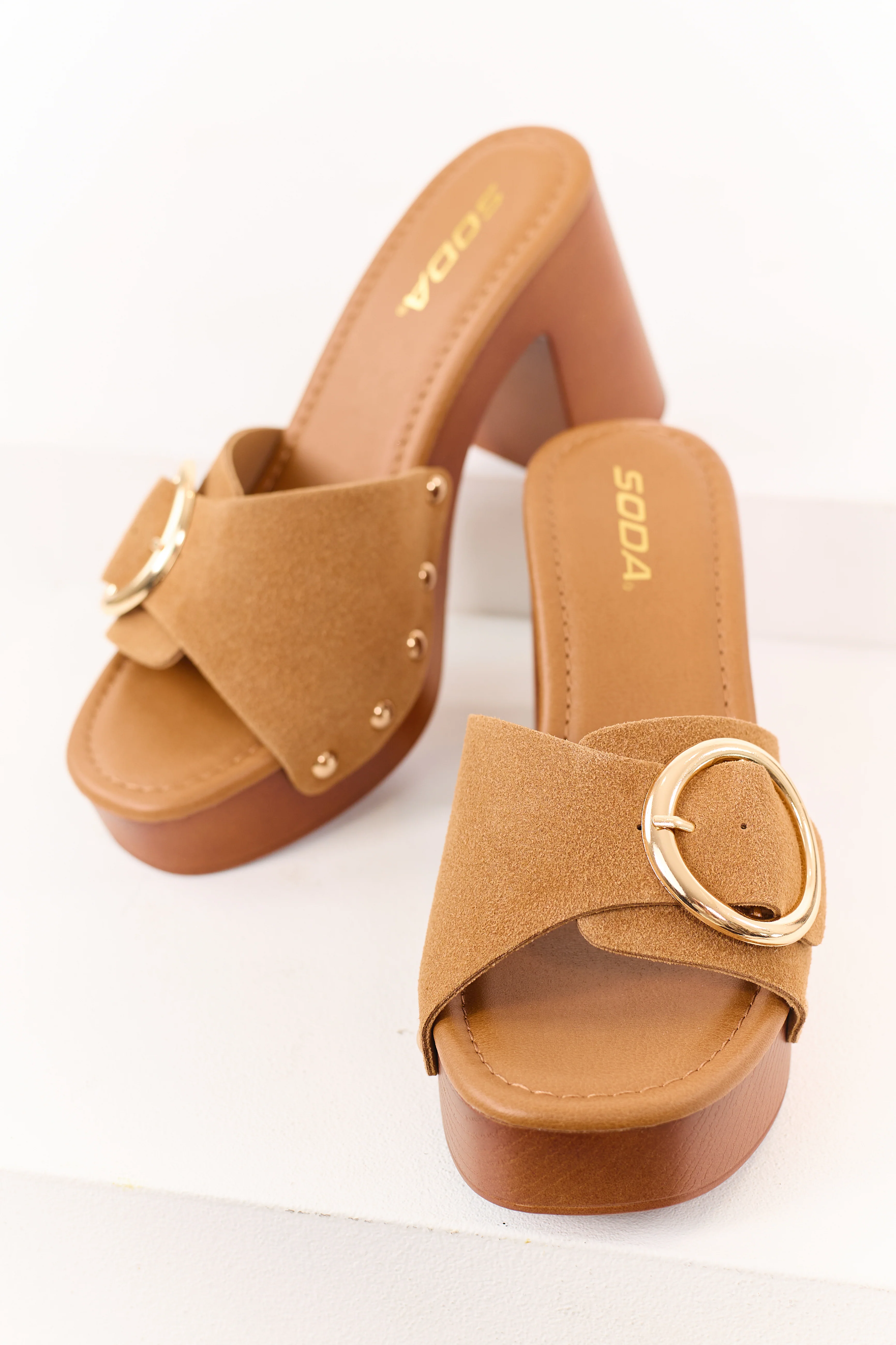 Cognac Faux Suede Buckle Strap Mule Block Heels