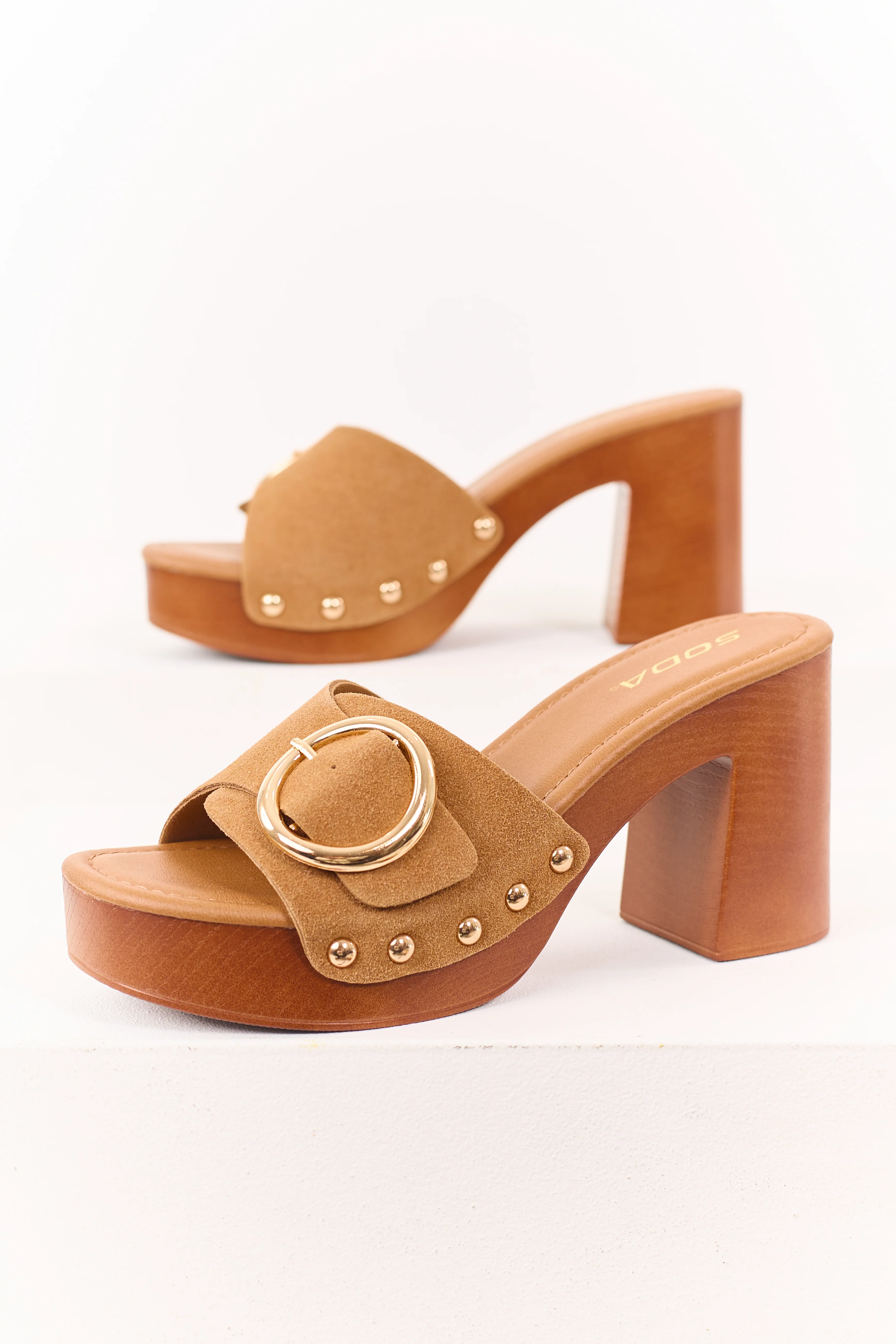 Cognac Faux Suede Buckle Strap Mule Block Heels - Image 2