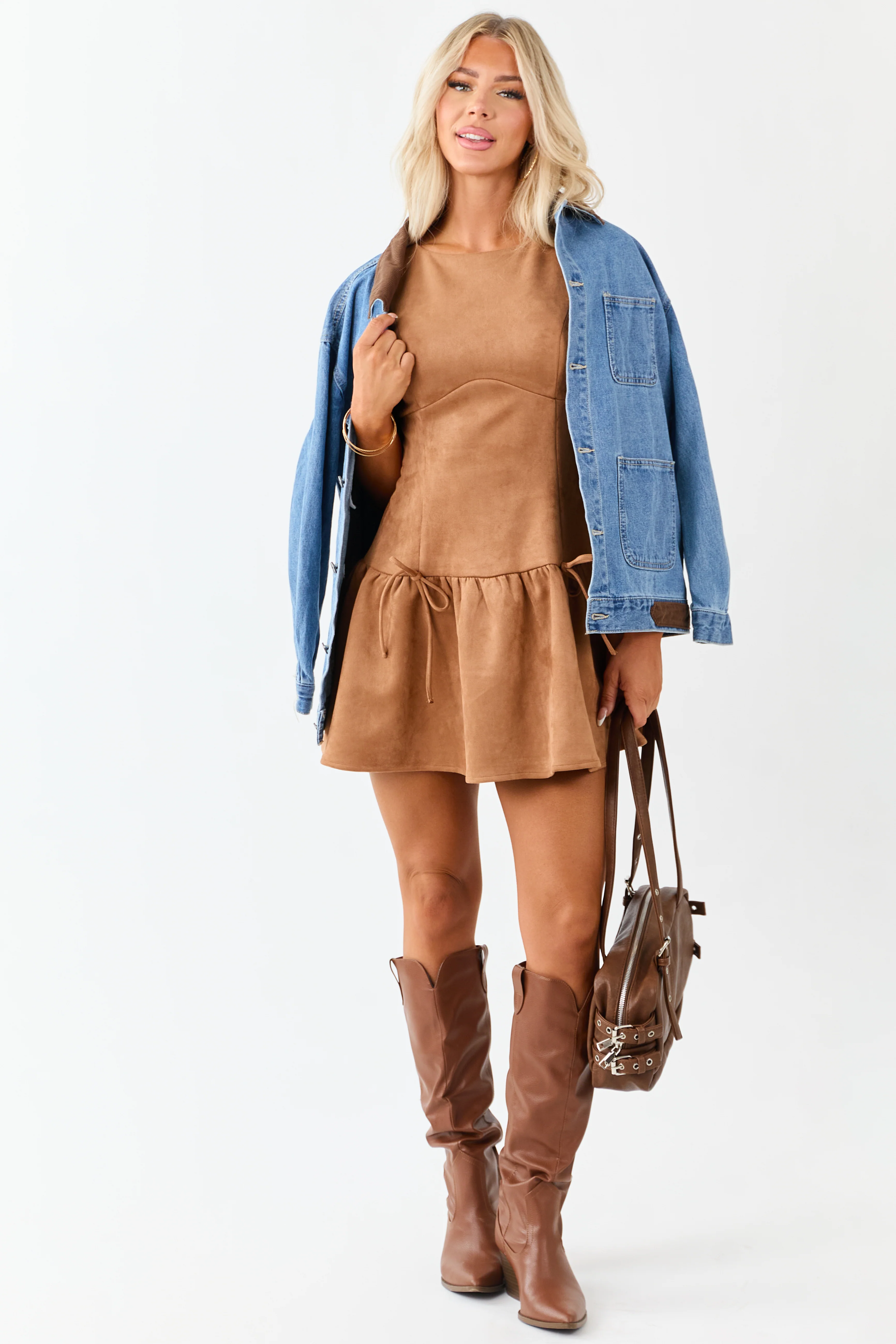 Cognac Faux Suede Drop Waist Ruffle Hem Mini Dress - Image 5