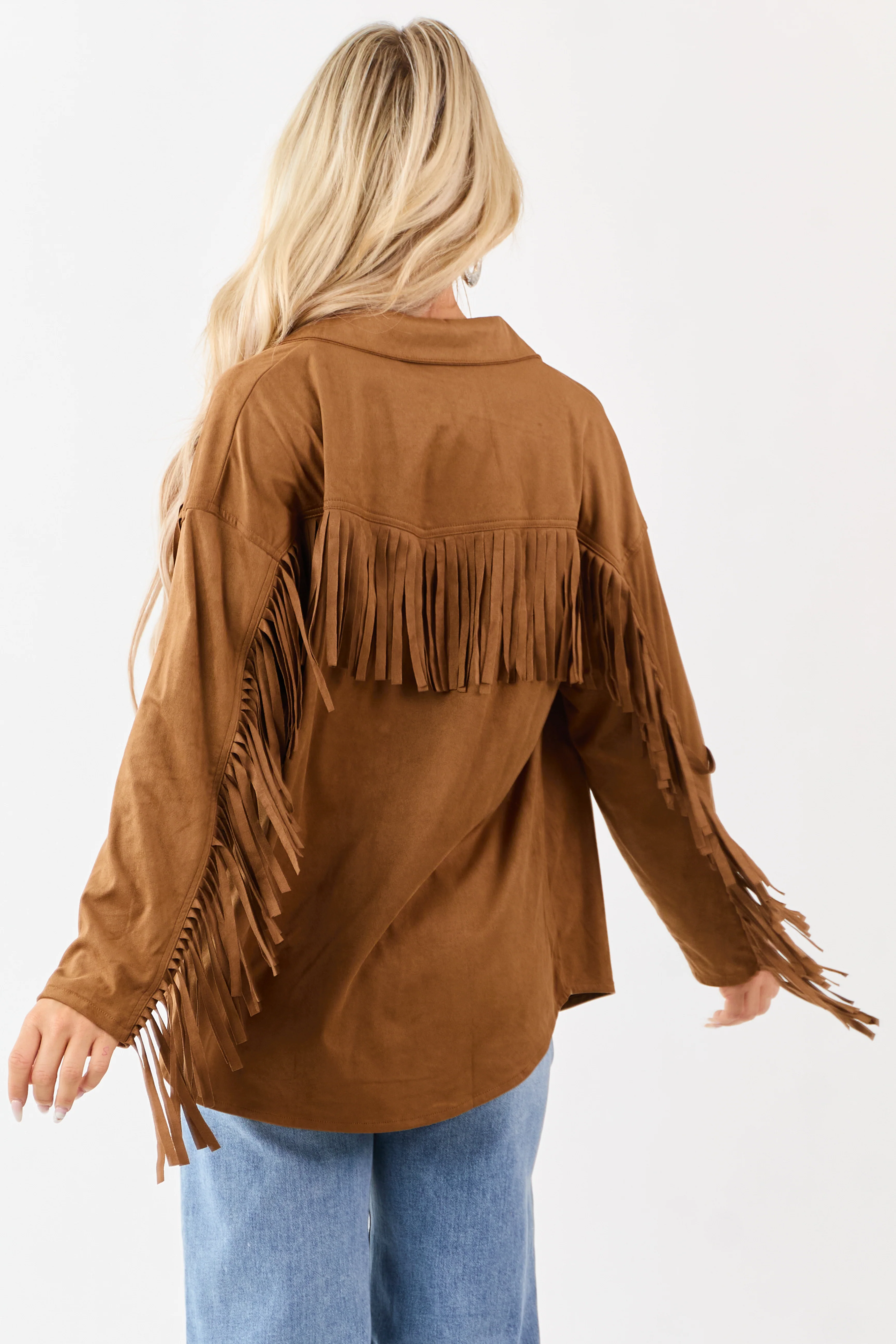 Cognac Faux Suede Fringe Detail Western Top - Image 7