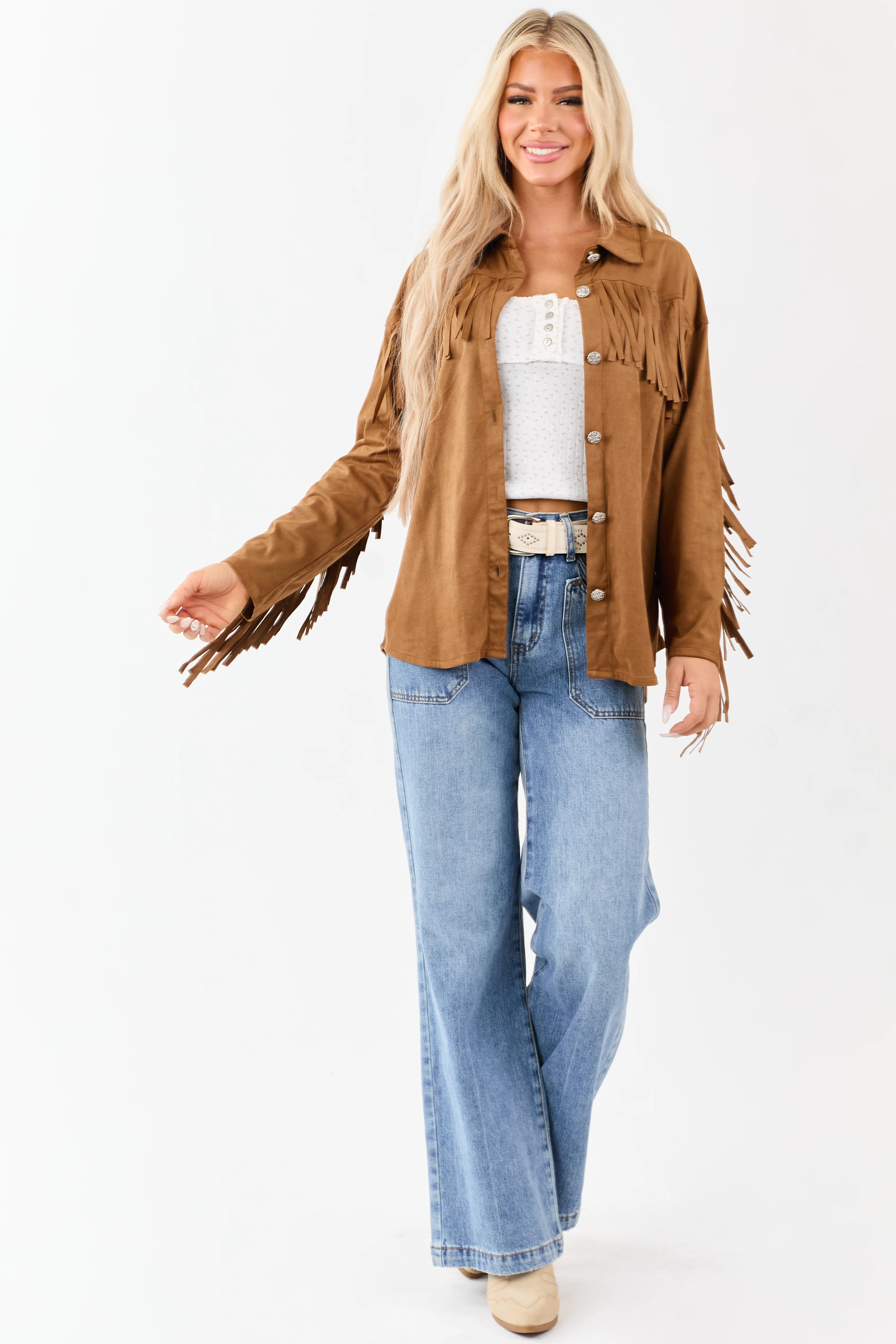 Cognac Faux Suede Fringe Detail Western Top - Image 8