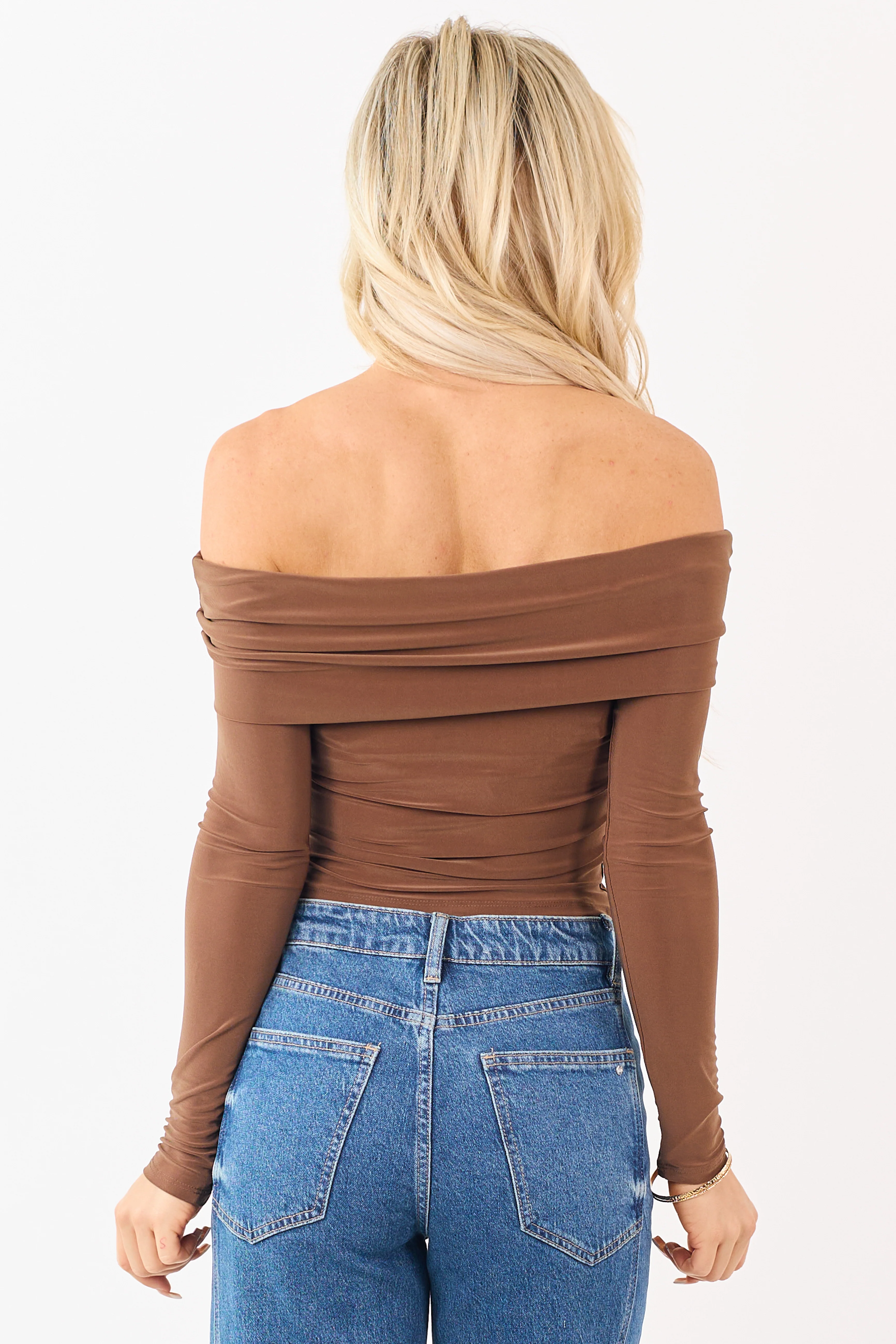 Cognac Off Shoulder Long Sleeve Fitted Knit Top - Image 5