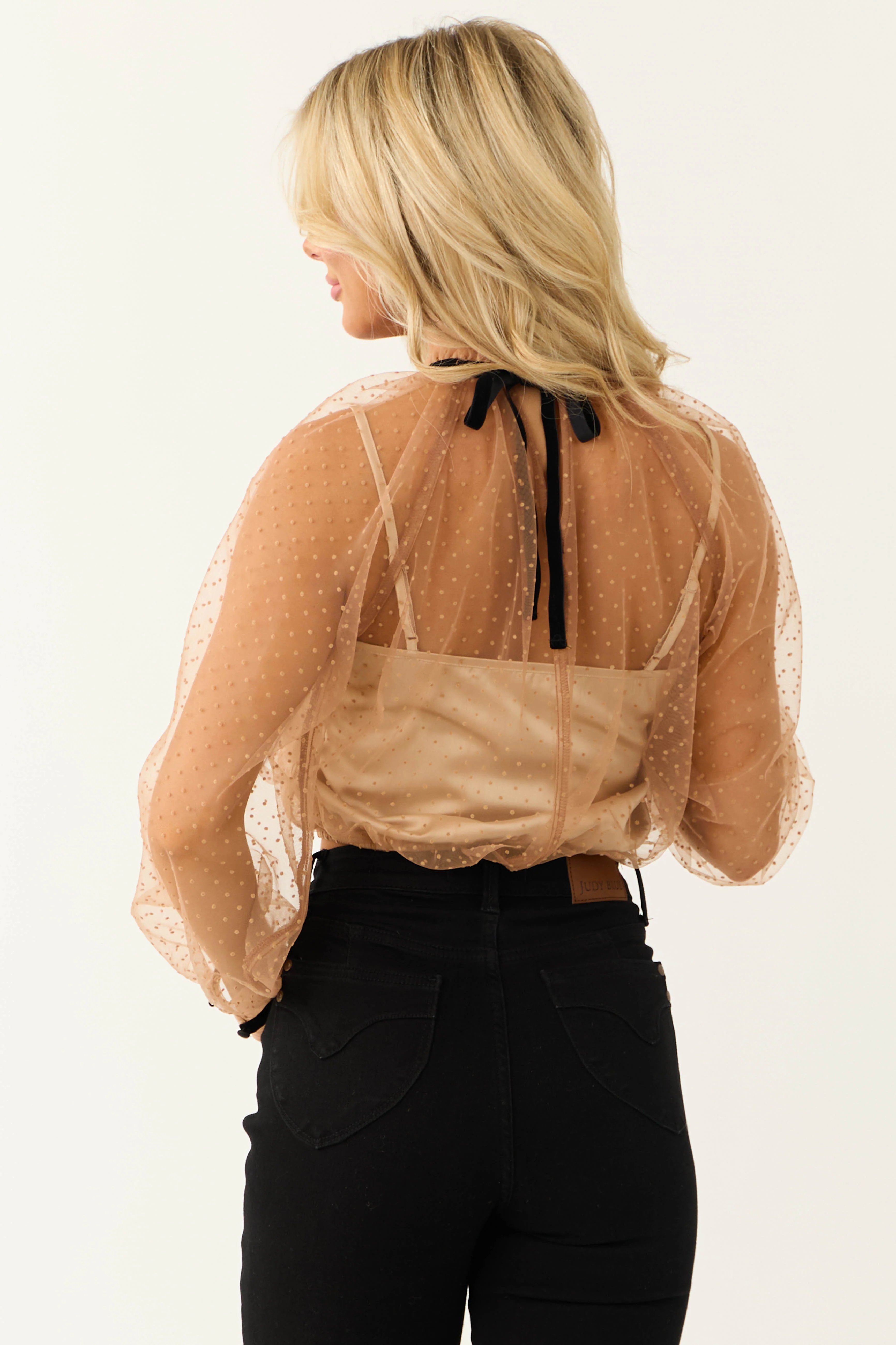 Cognac Polka Dot Textured Long Sleeve Mesh Top - Image 5
