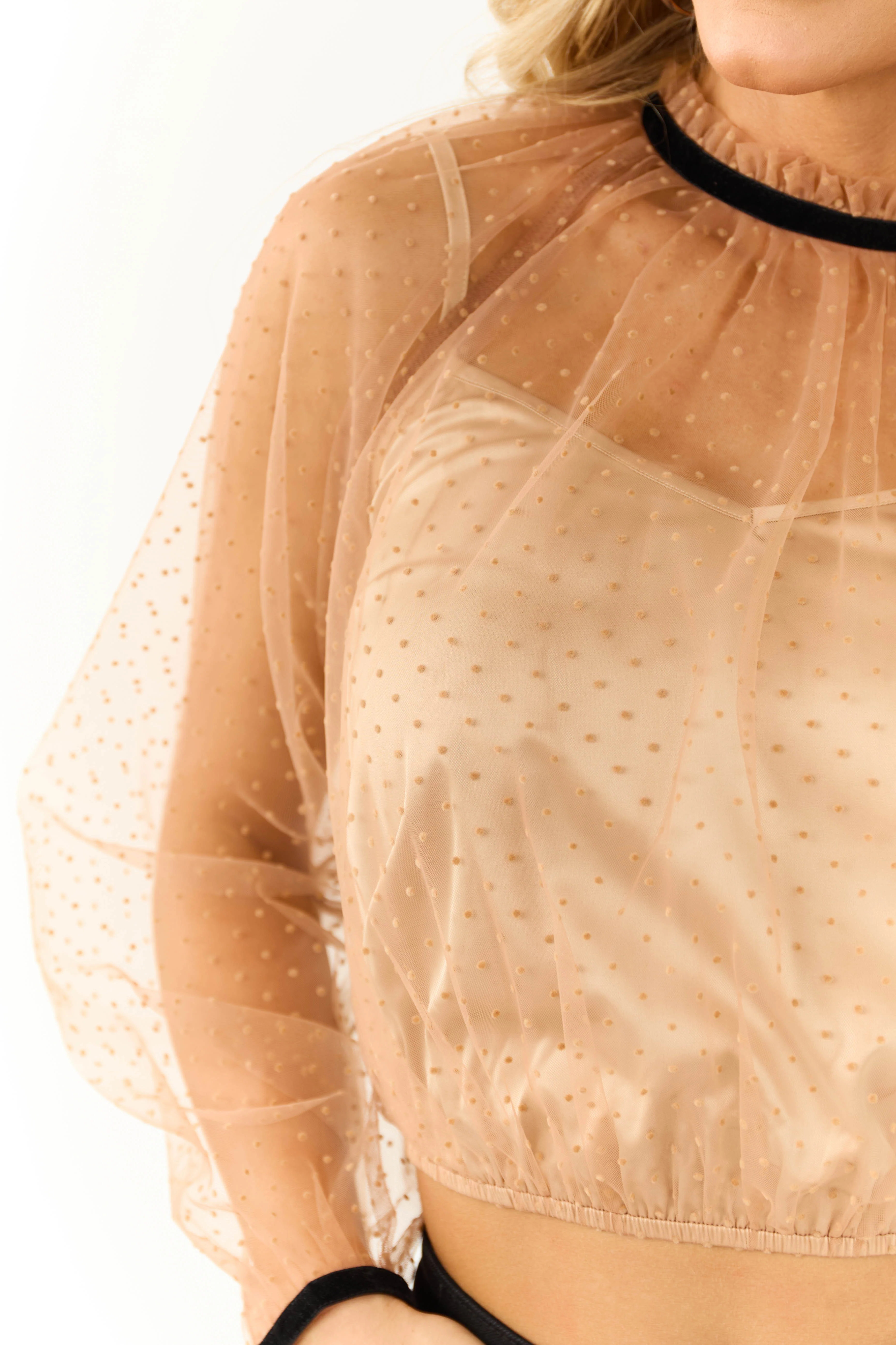 Cognac Polka Dot Textured Long Sleeve Mesh Top - Image 6
