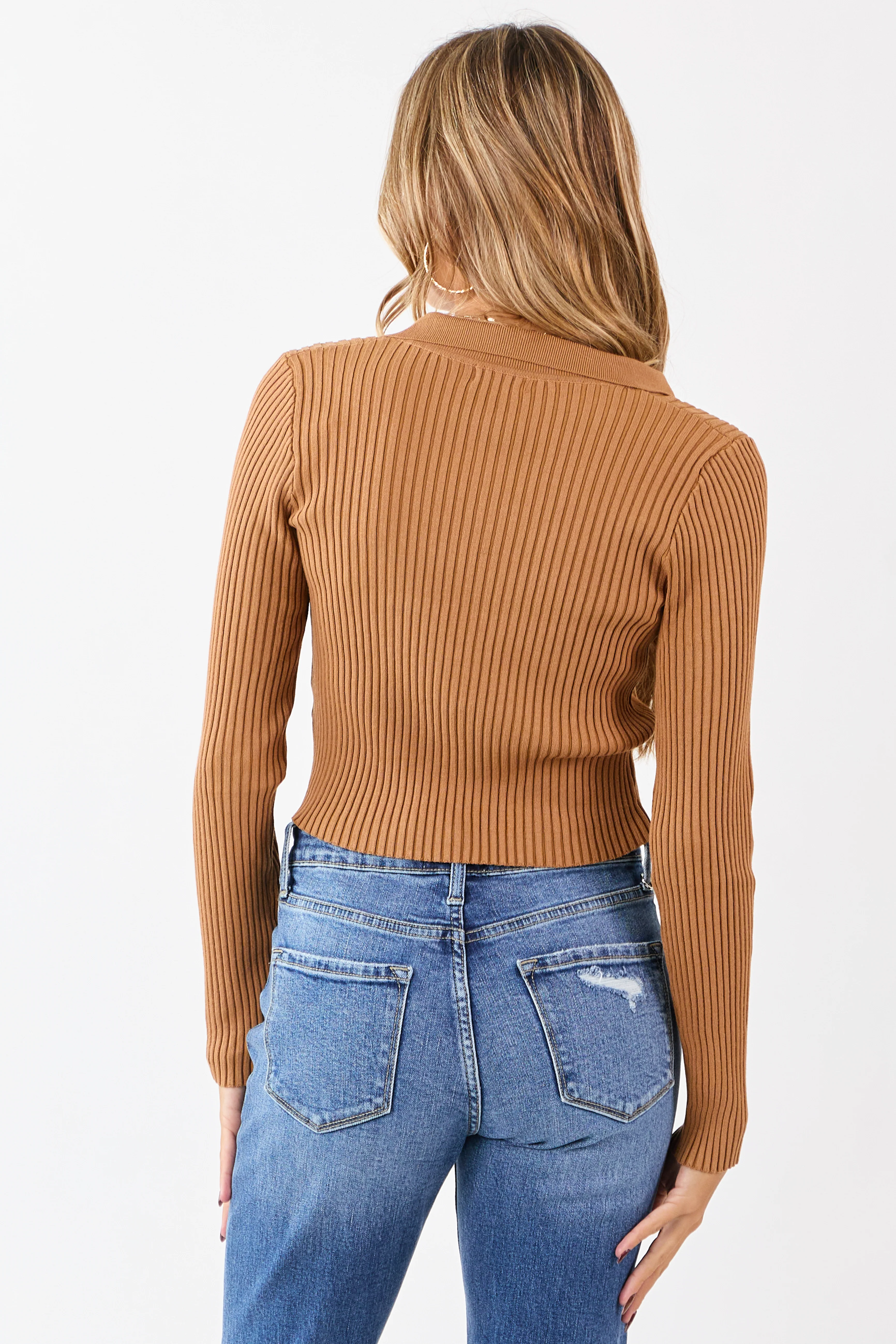 Cognac Rib Knit Polo Style Cropped Sweater - Image 5