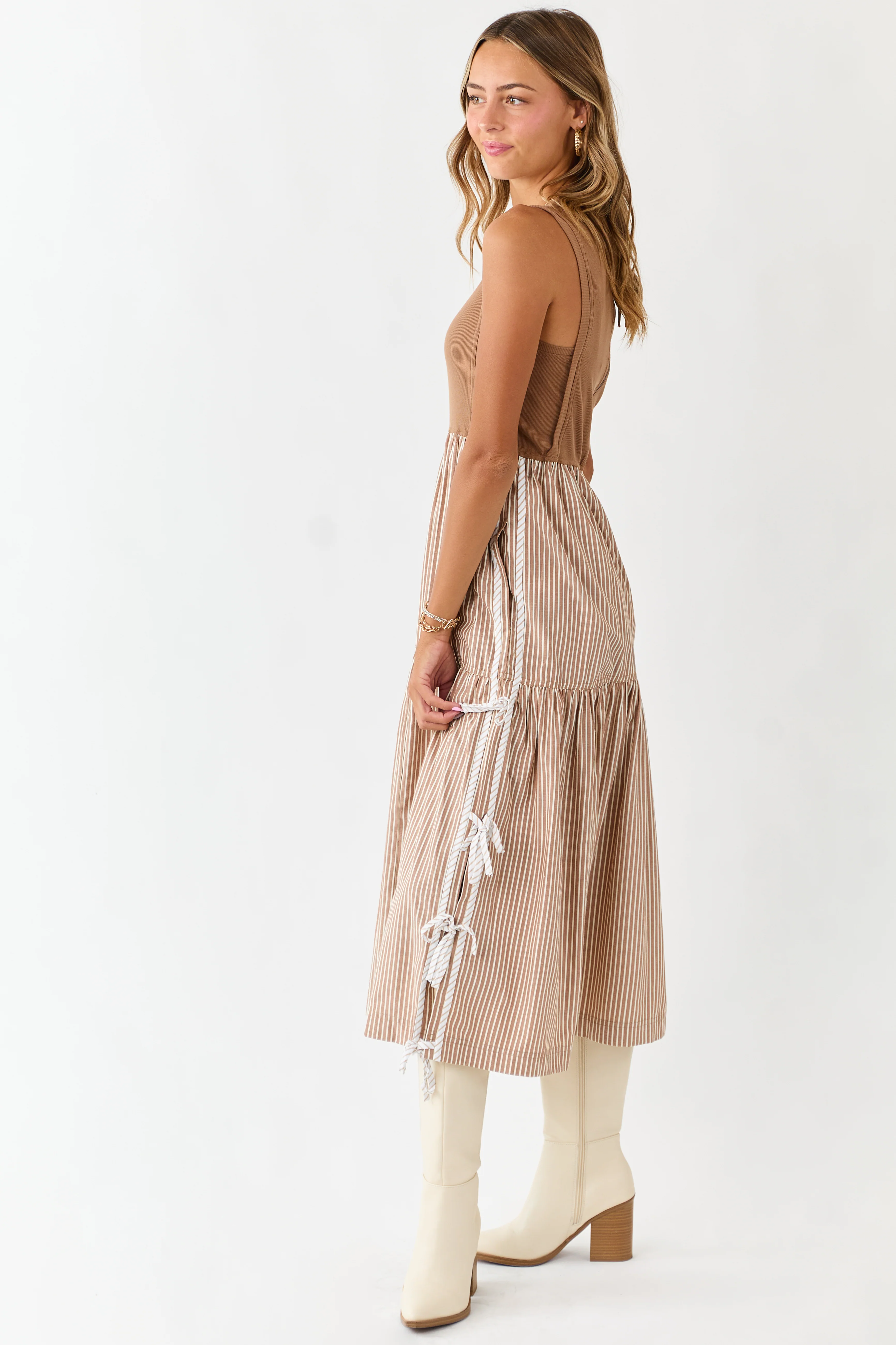 Cognac Ribbed Knit Bodice Contrast Striped Midi Dress - Image 2