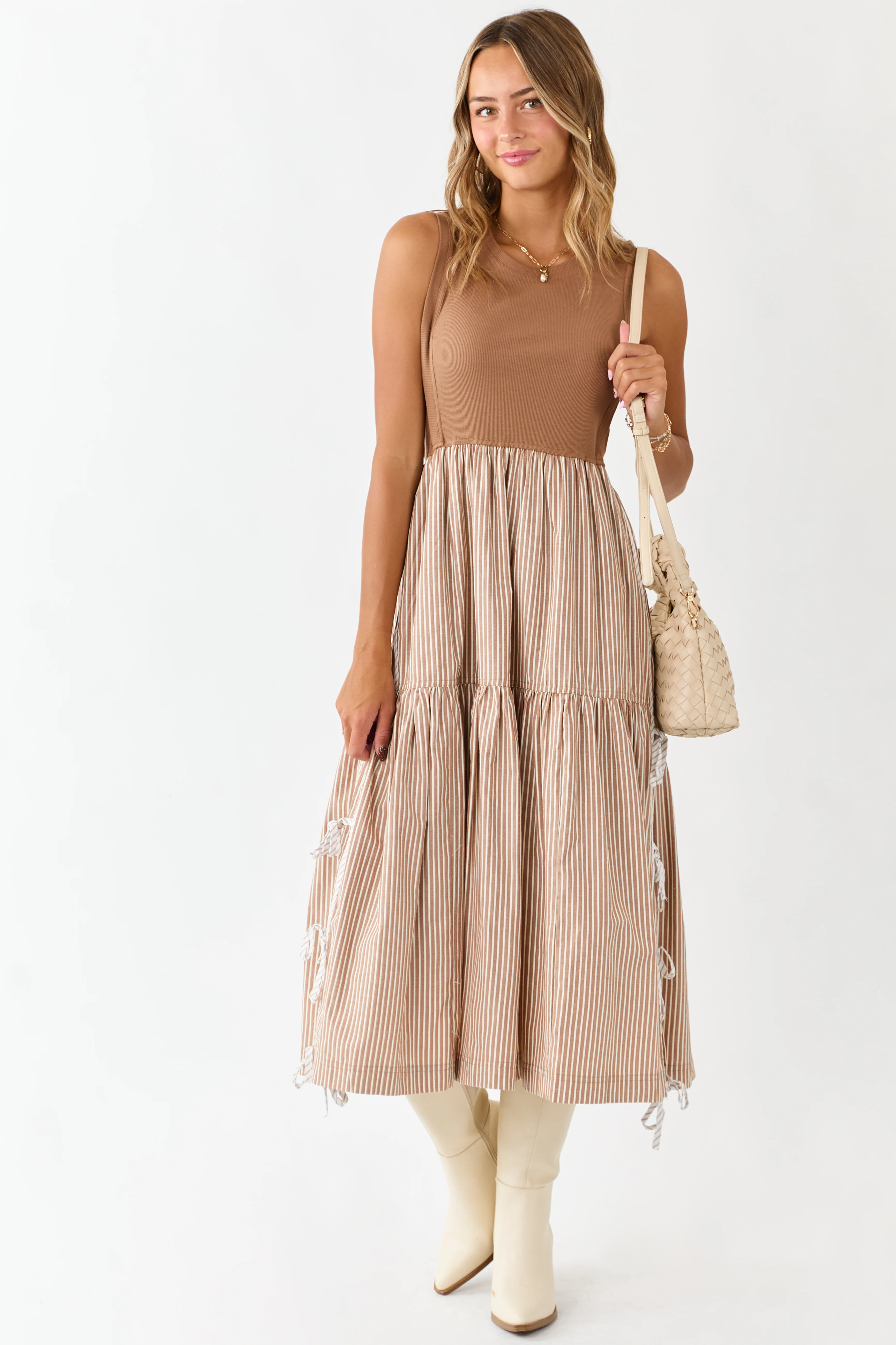 Cognac Ribbed Knit Bodice Contrast Striped Midi Dress - Image 3