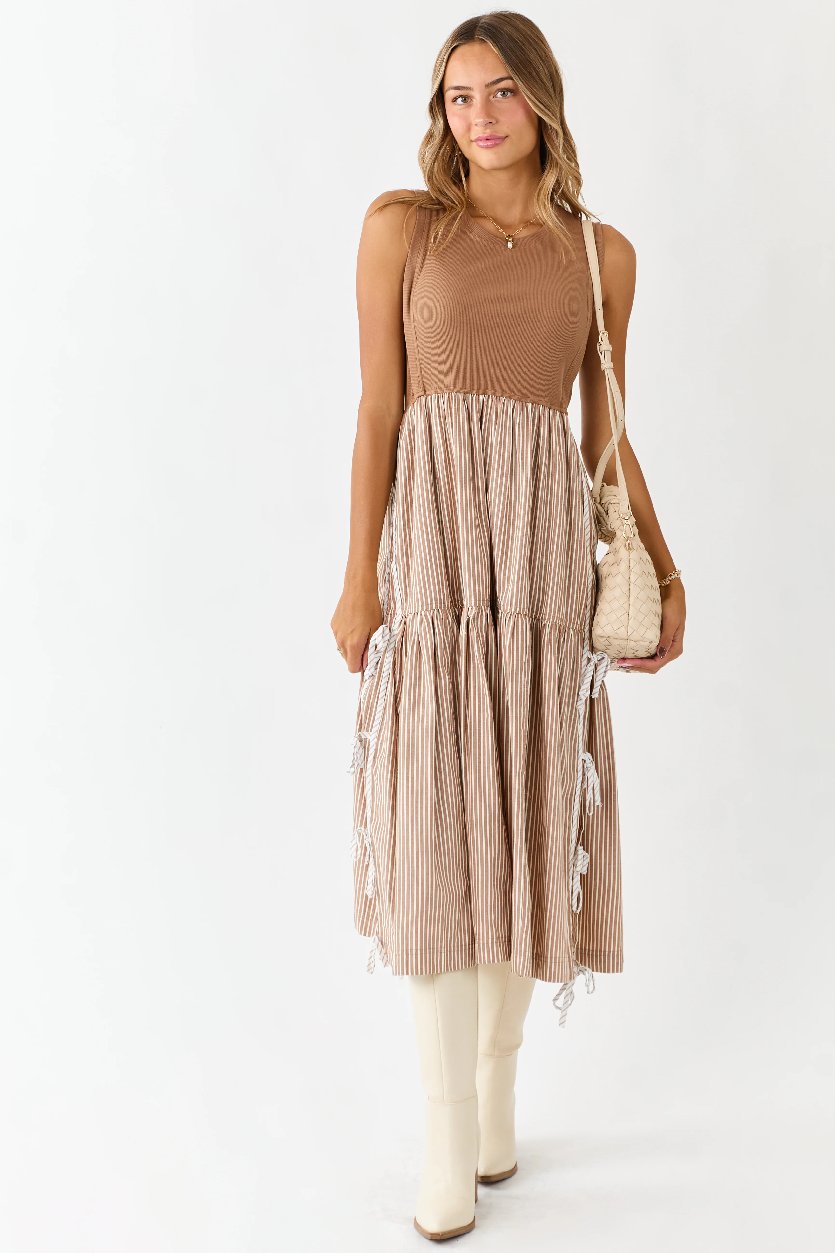 Cognac Ribbed Knit Bodice Contrast Striped Midi Dress - Image 4