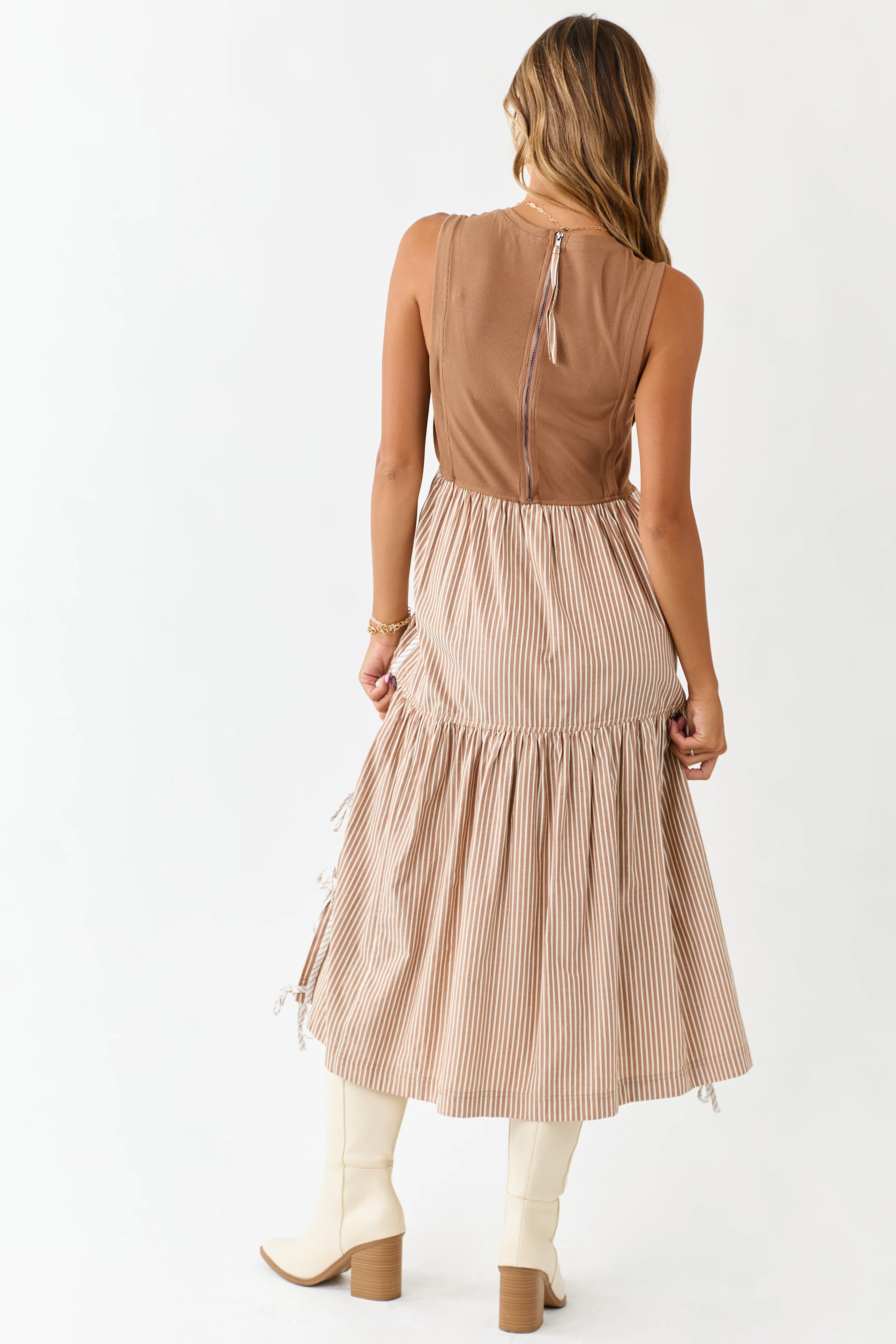 Cognac Ribbed Knit Bodice Contrast Striped Midi Dress - Image 5