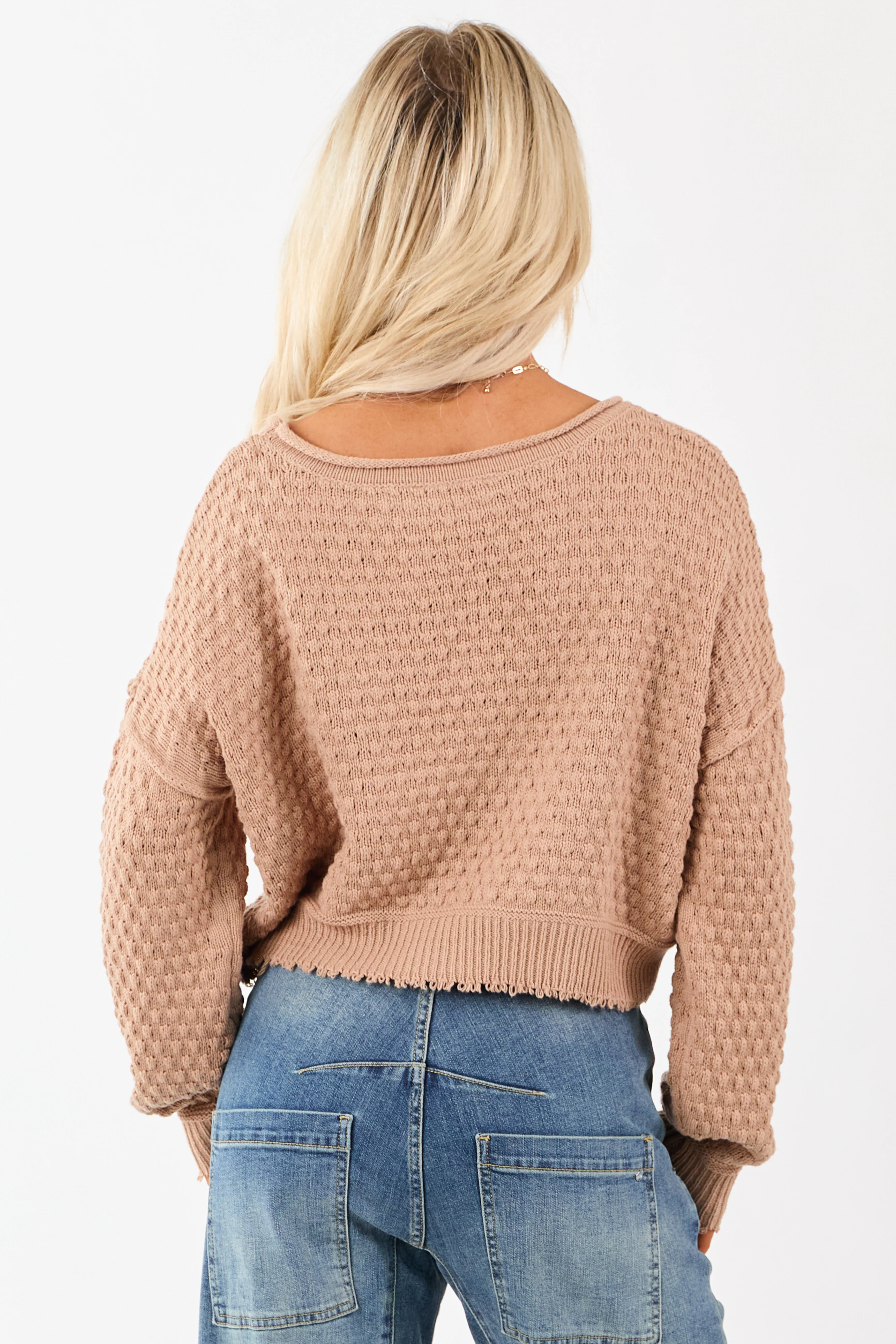 Cognac Soft Textured Knit Round Neck Boxy Sweater - Image 5