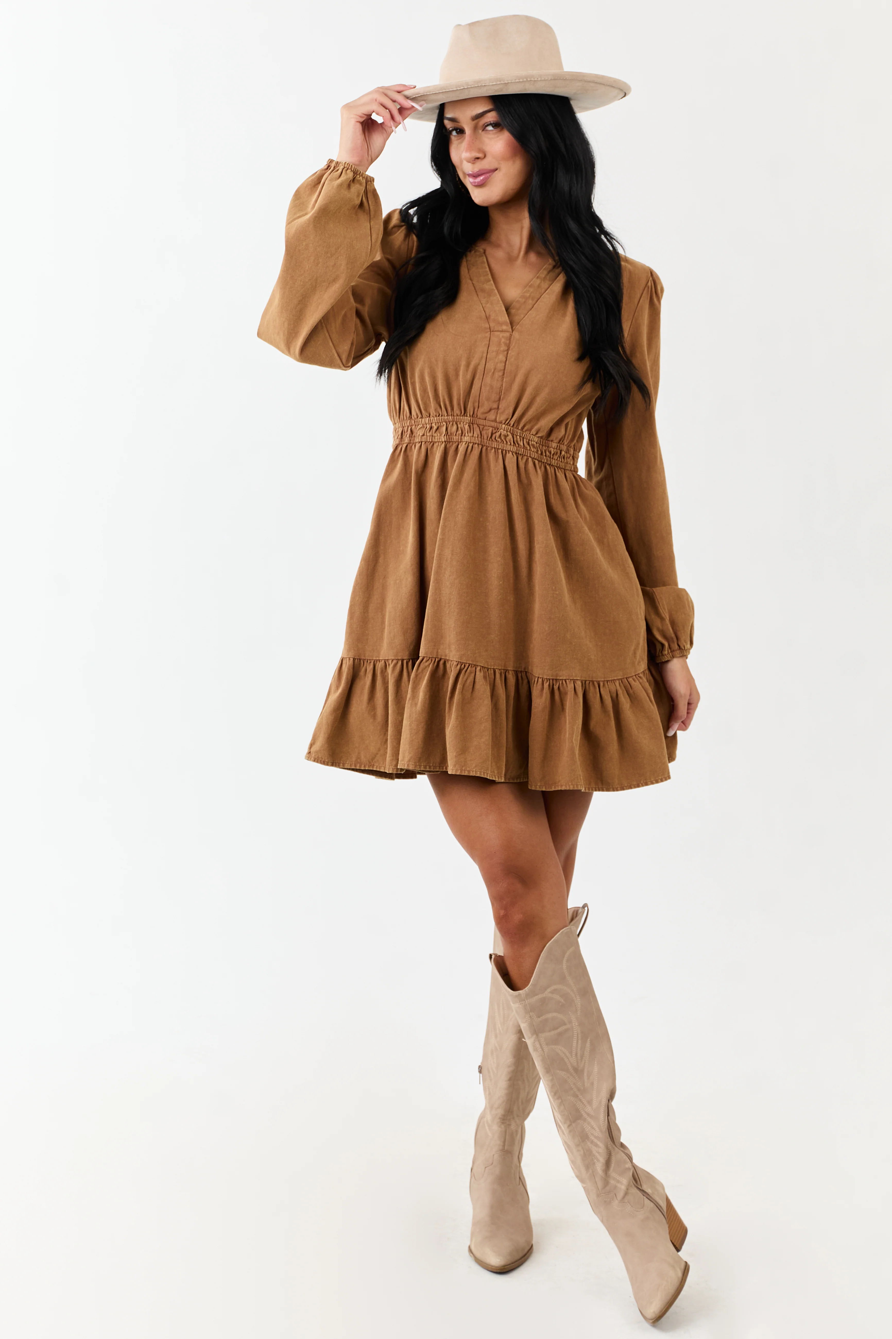 Copper Mineral Wash Denim Long Sleeve Mini Dress - Image 2
