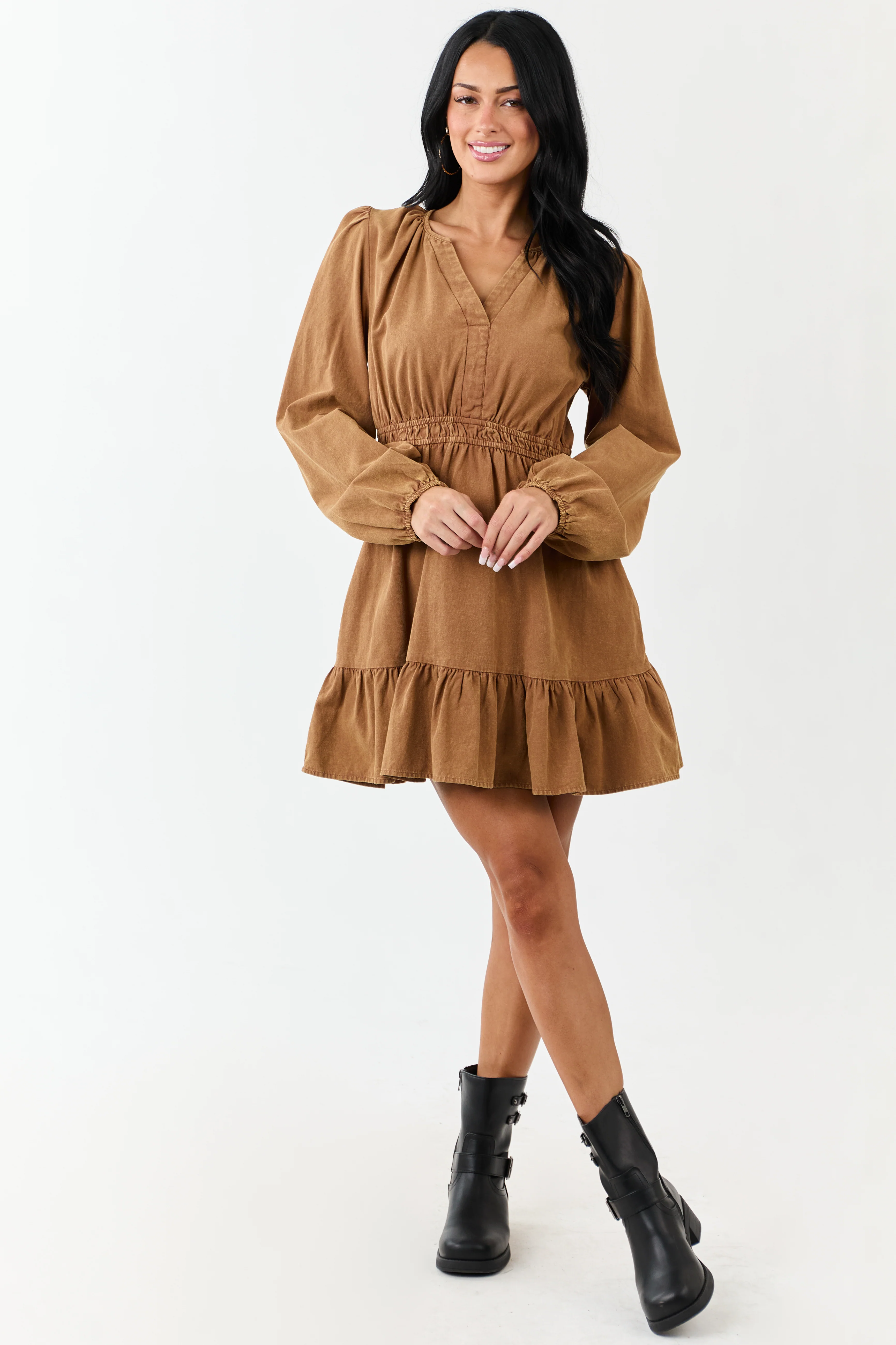 Copper Mineral Wash Denim Long Sleeve Mini Dress - Image 3