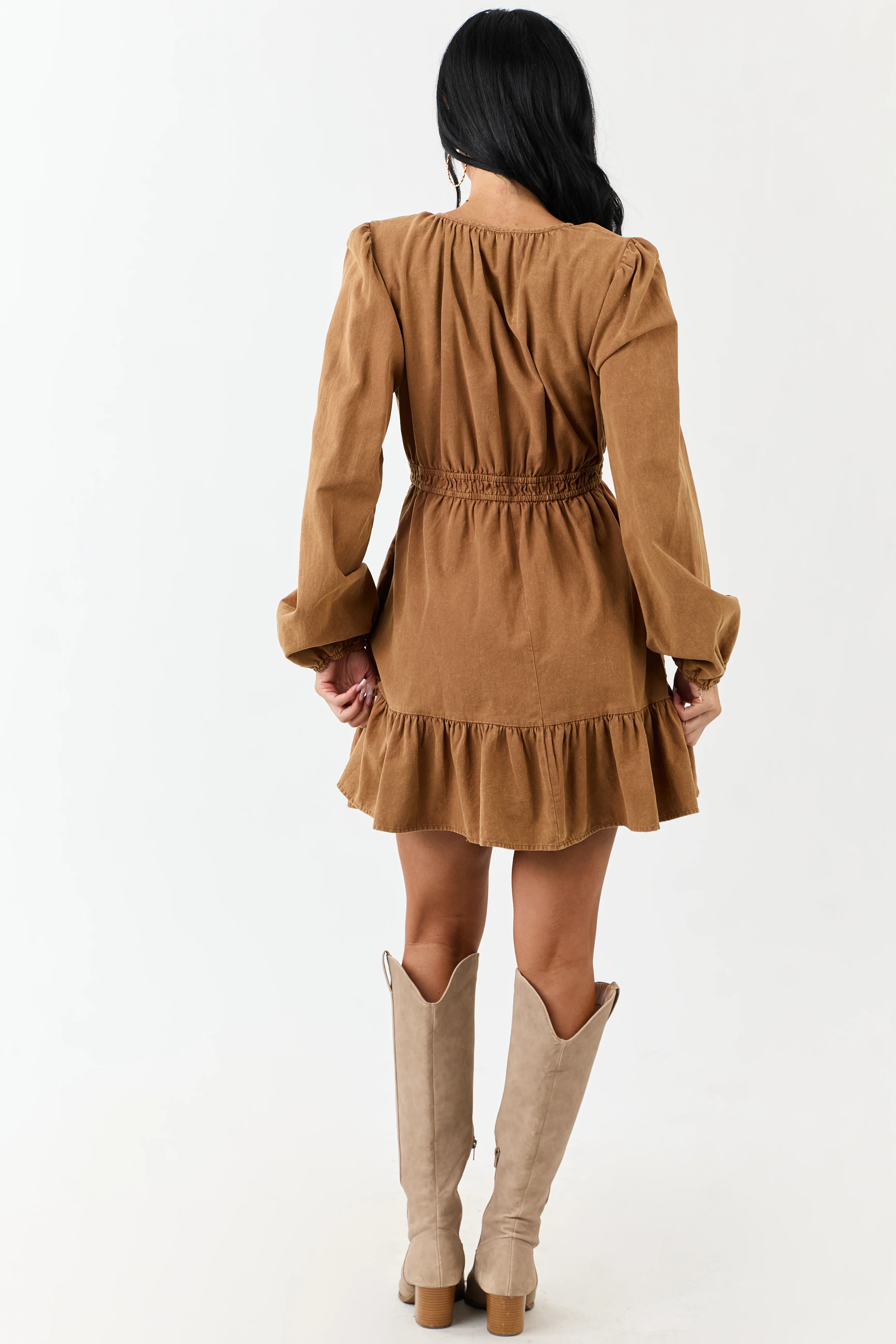 Copper Mineral Wash Denim Long Sleeve Mini Dress - Image 6
