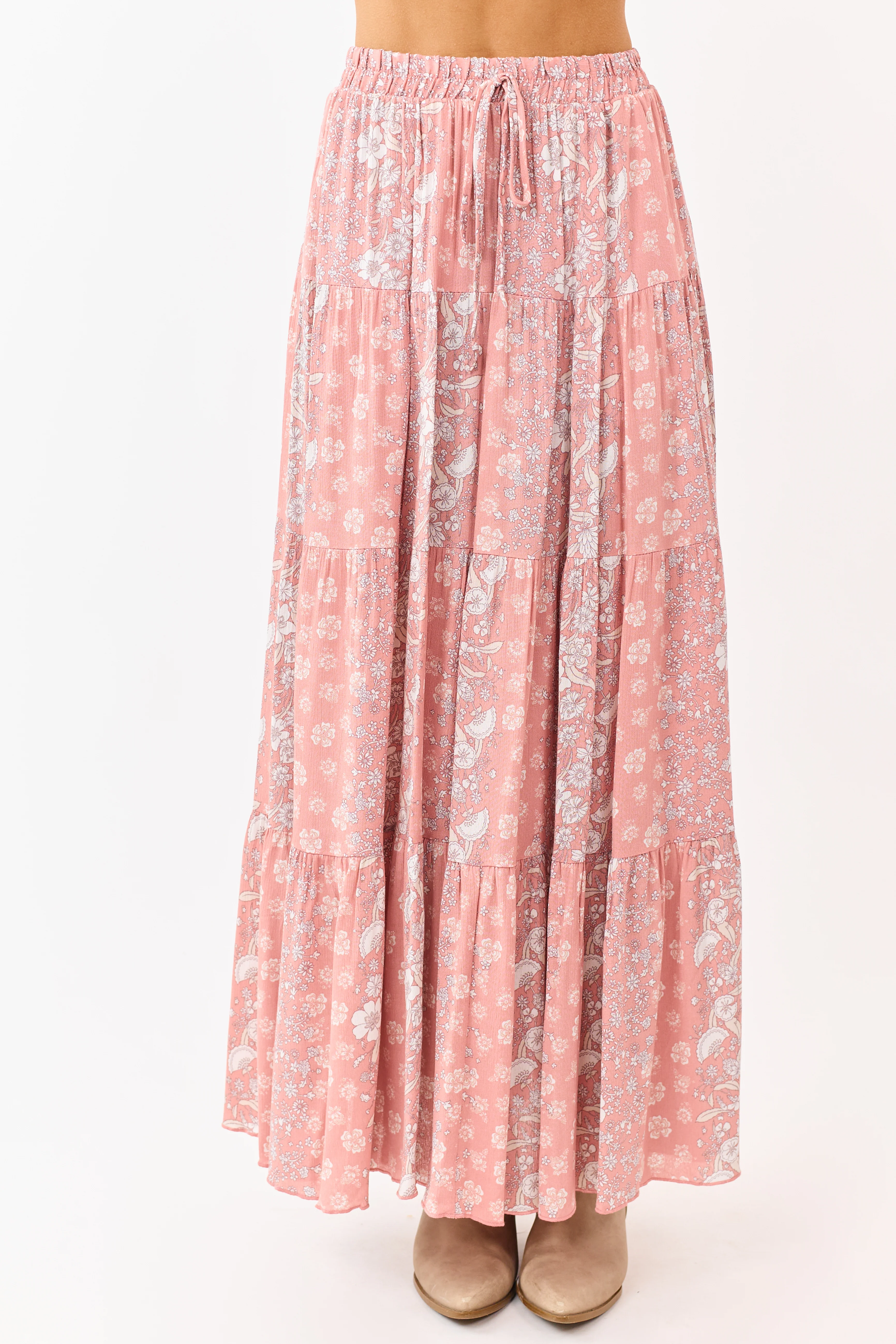 Coral Floral Print Elastic Waist Tiered Maxi Skirt - Image 2