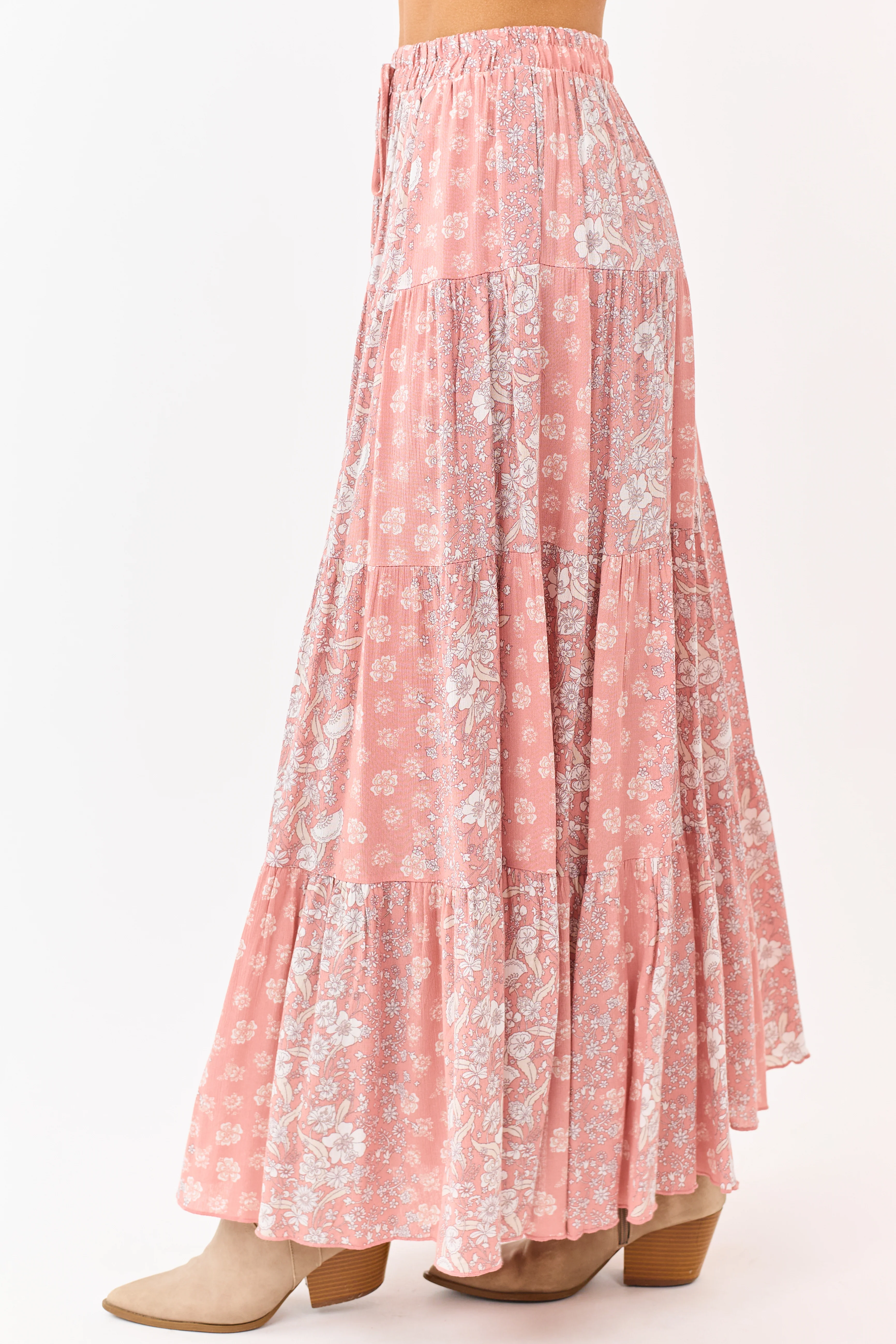 Coral Floral Print Elastic Waist Tiered Maxi Skirt - Image 3