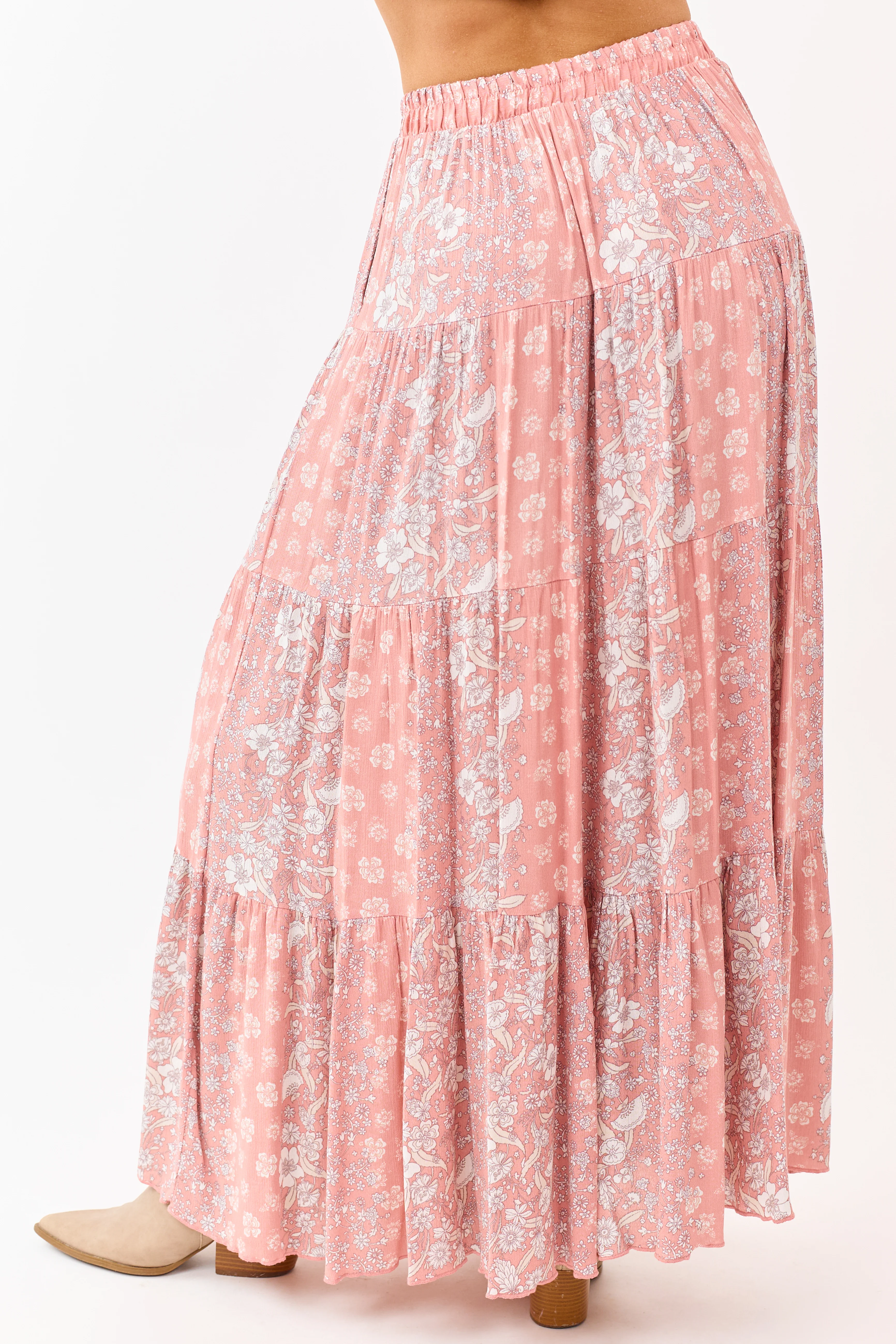 Coral Floral Print Elastic Waist Tiered Maxi Skirt - Image 4