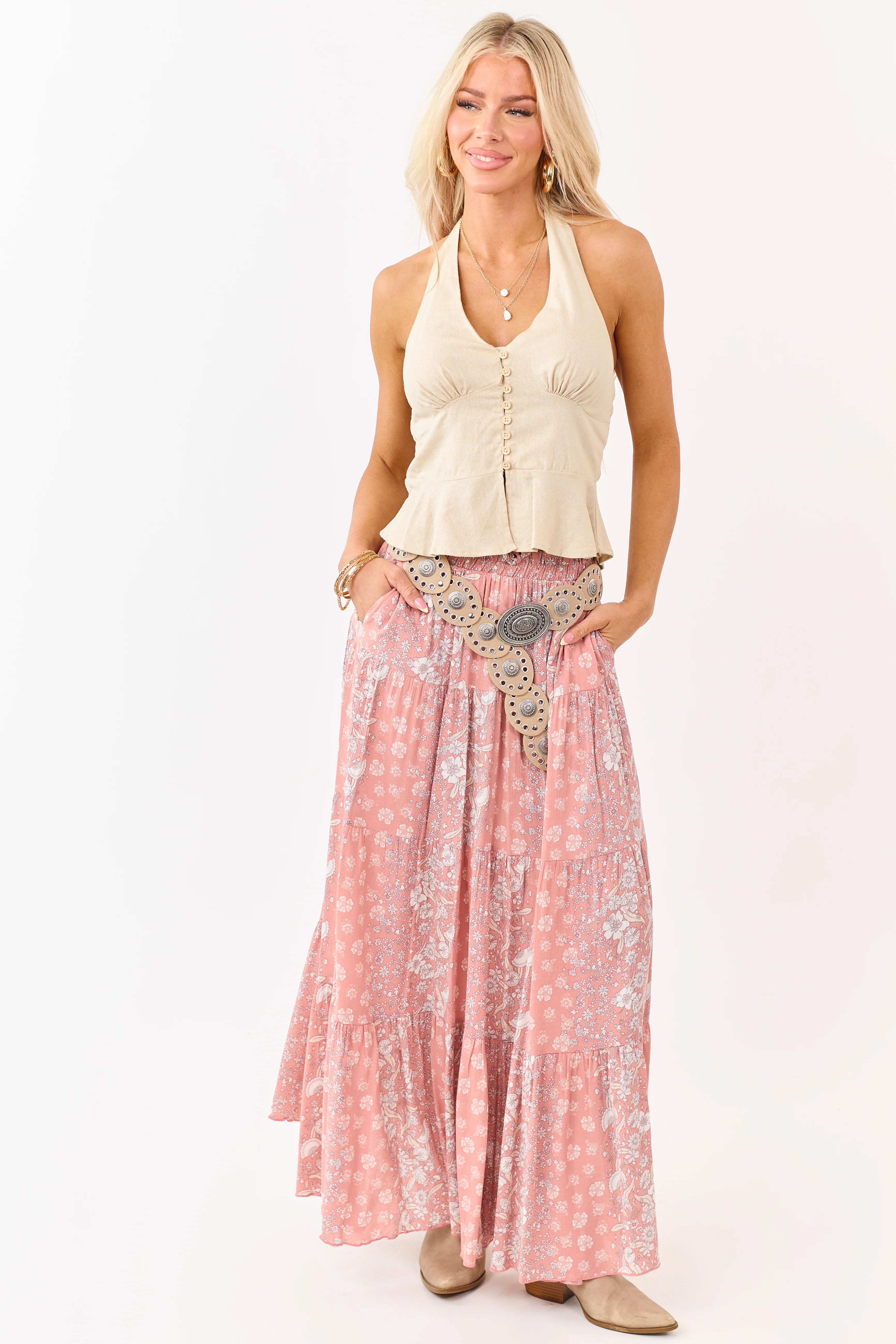 Coral Floral Print Elastic Waist Tiered Maxi Skirt - Image 5