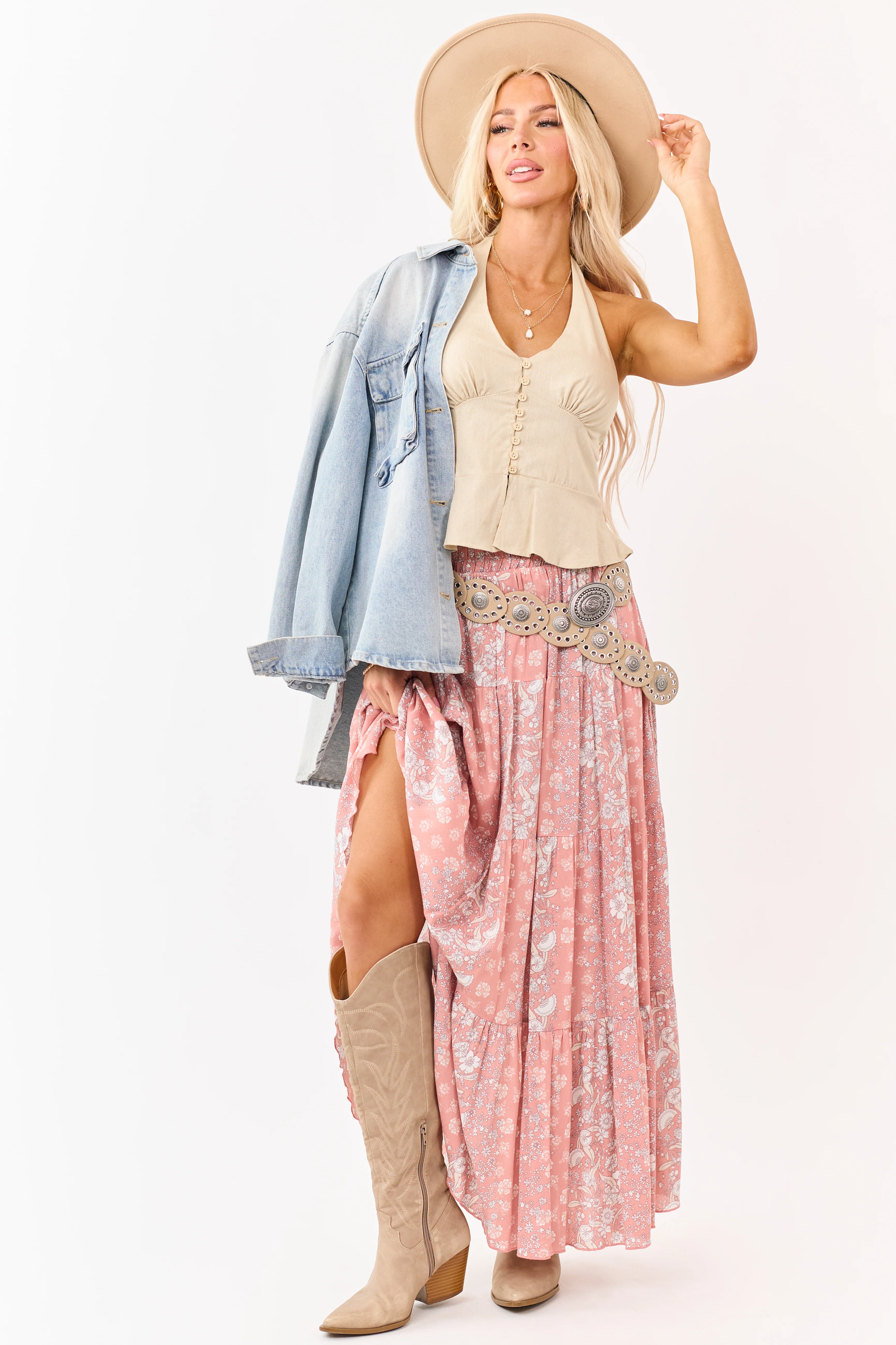 Coral Floral Print Elastic Waist Tiered Maxi Skirt - Image 6