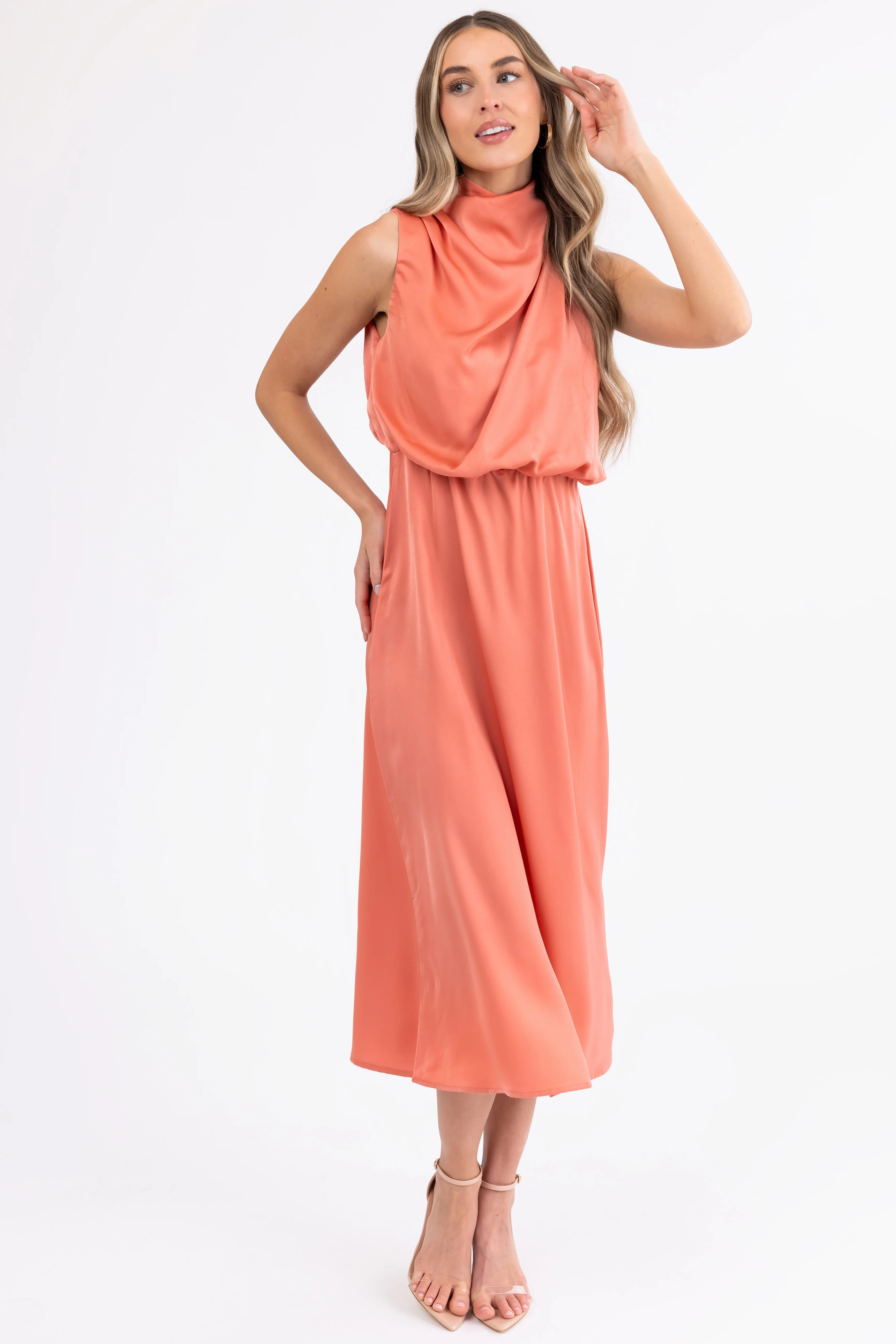 Coral Satin Halter Sleeveless Midi Dress - Image 4