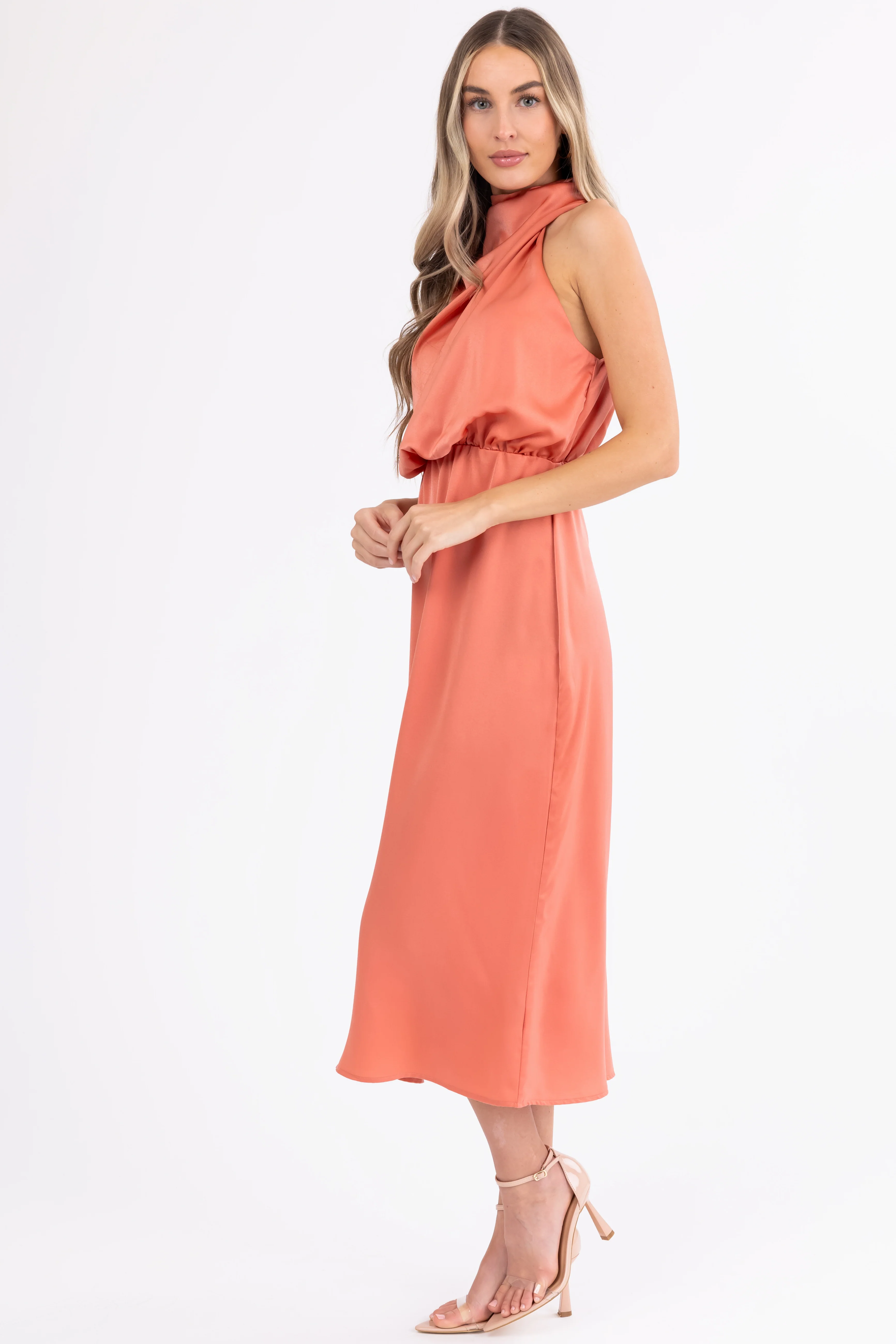 Coral Satin Halter Sleeveless Midi Dress - Image 5
