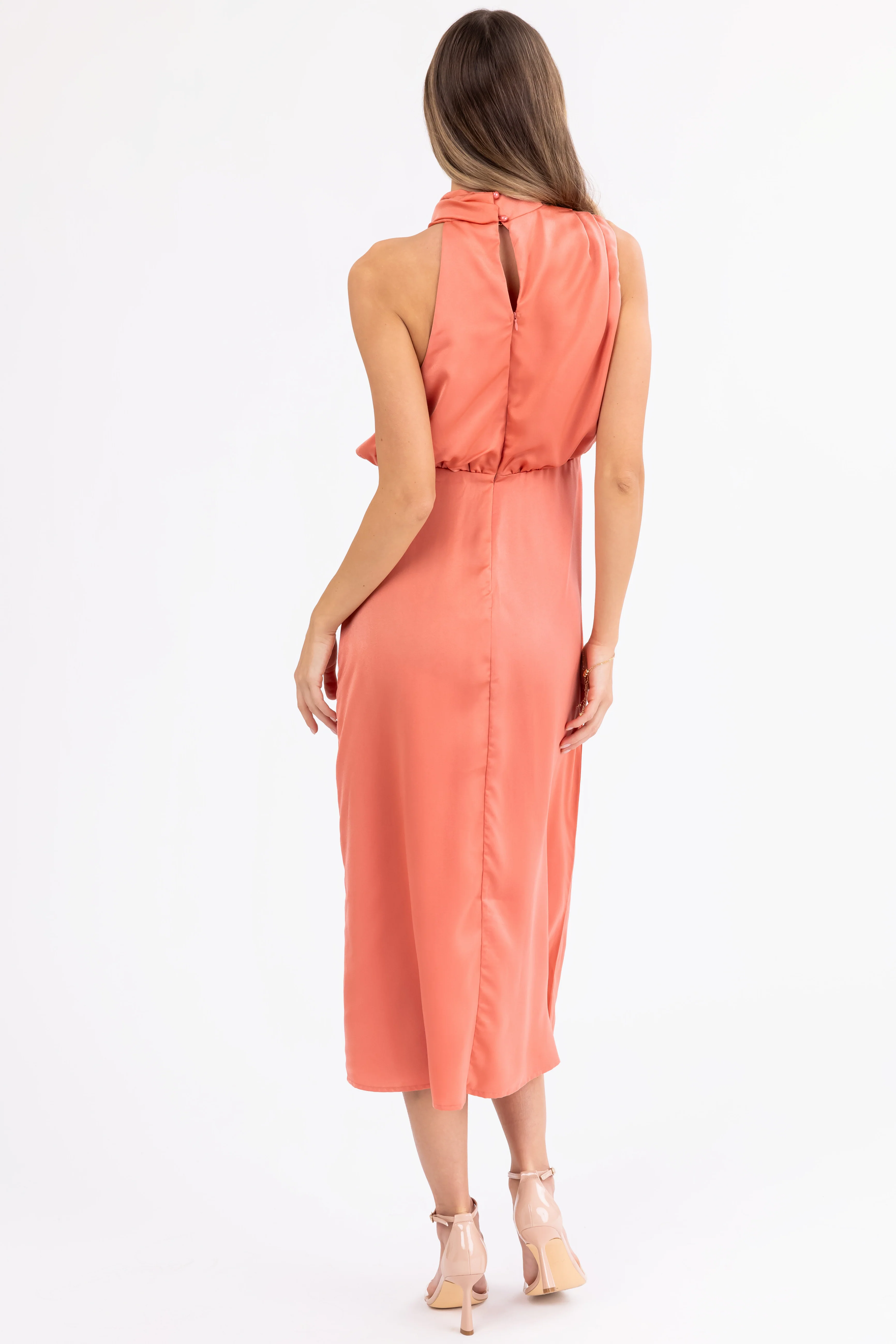 Coral Satin Halter Sleeveless Midi Dress - Image 6