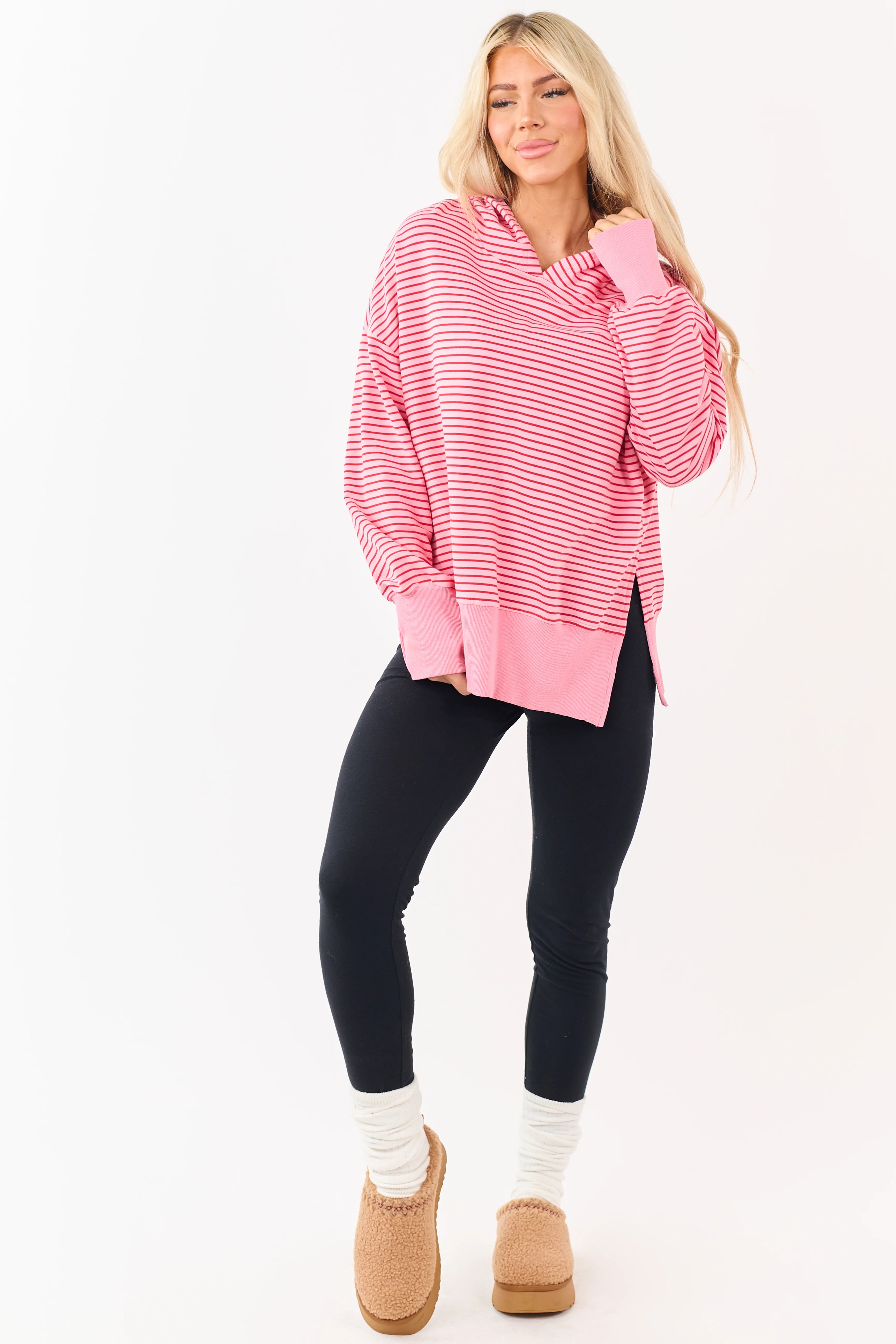 Coral Striped Ribbed Trim Side Slit Relaxed Hoodie - Image 3