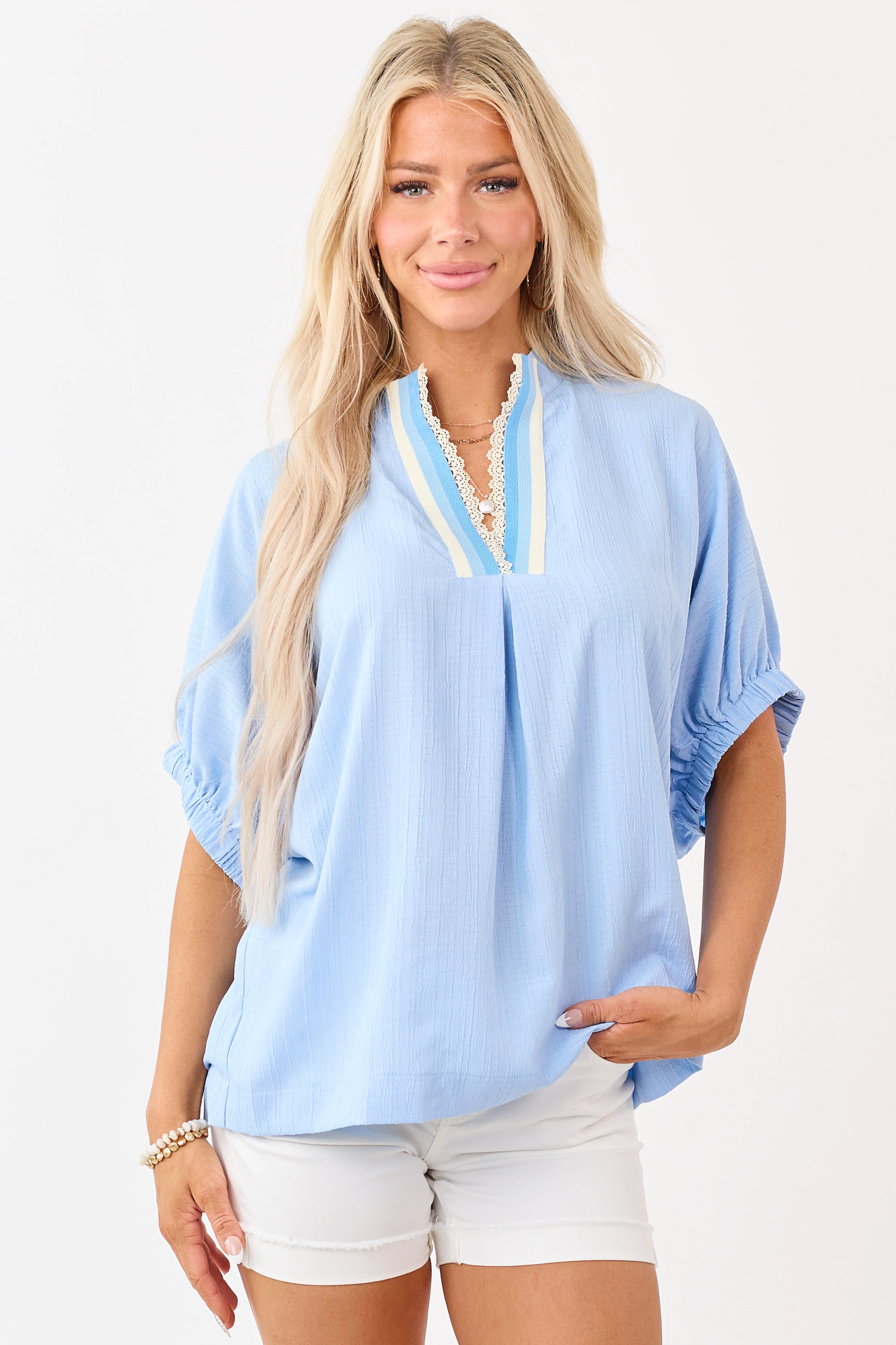 Cornflower Contrast Lace Trim Short Sleeve Top