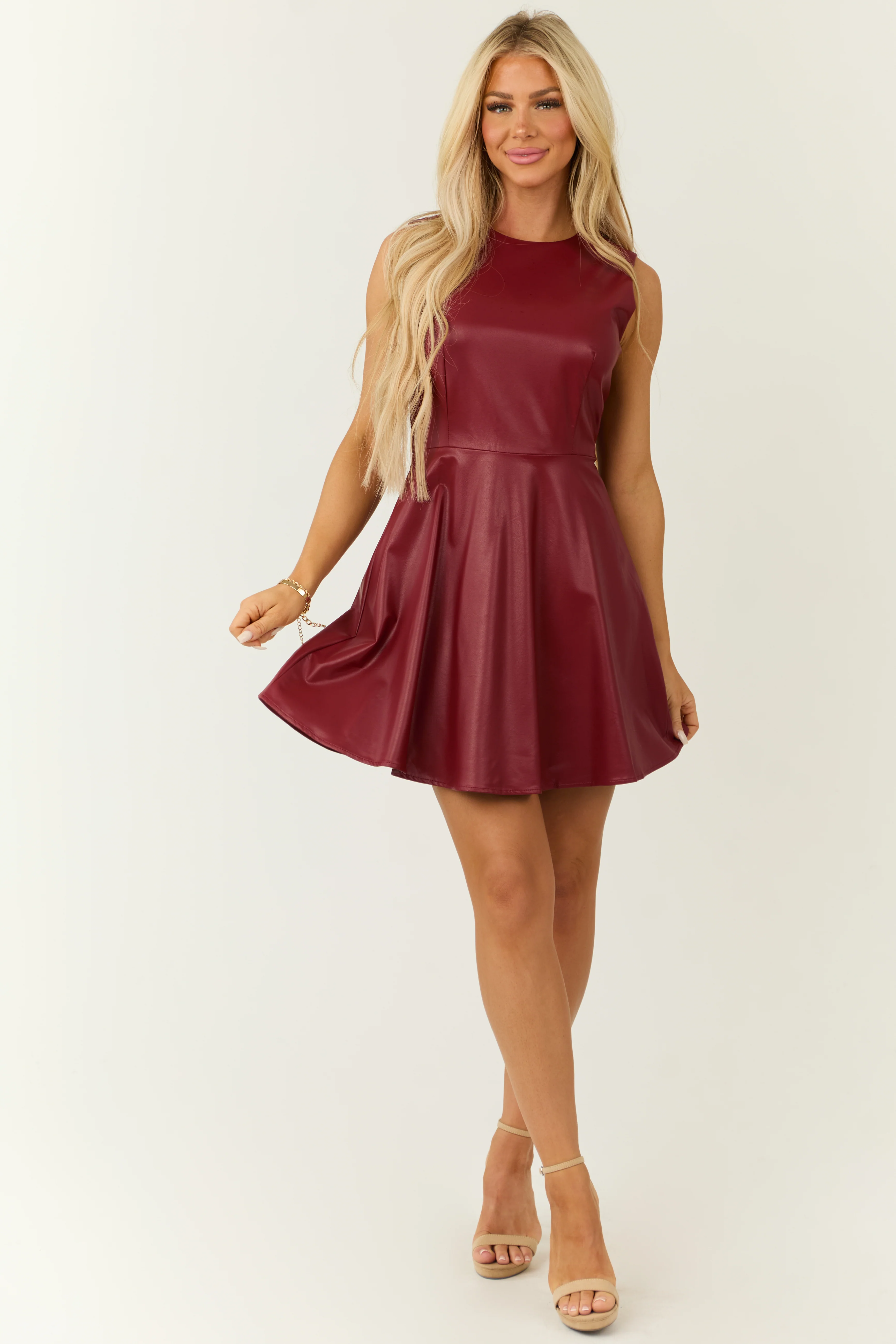 Cranberry Faux Leather Sleeveless Skater Dress - Image 4