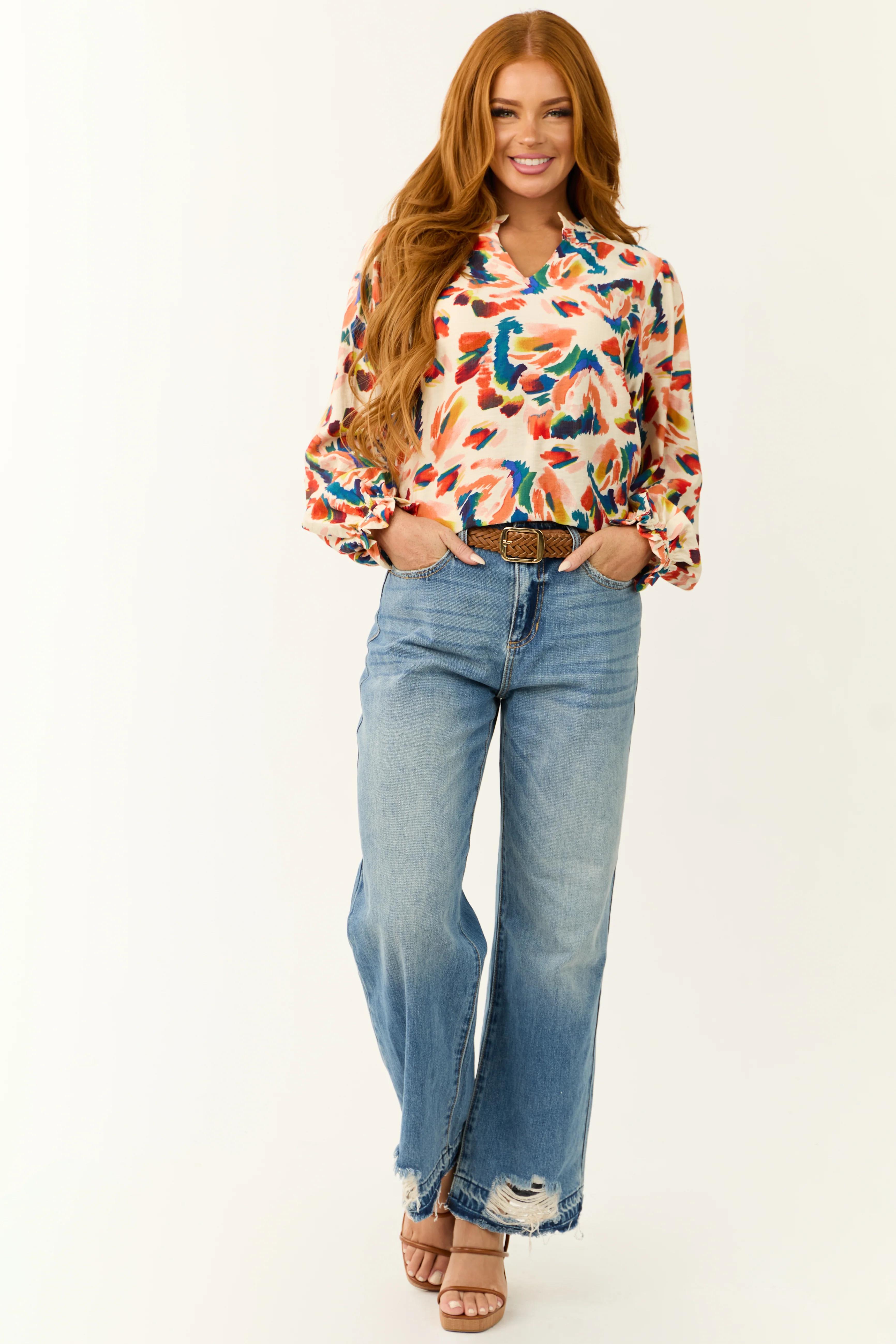 Cream Abstract Print Long Sleeve Frill Top - Image 2