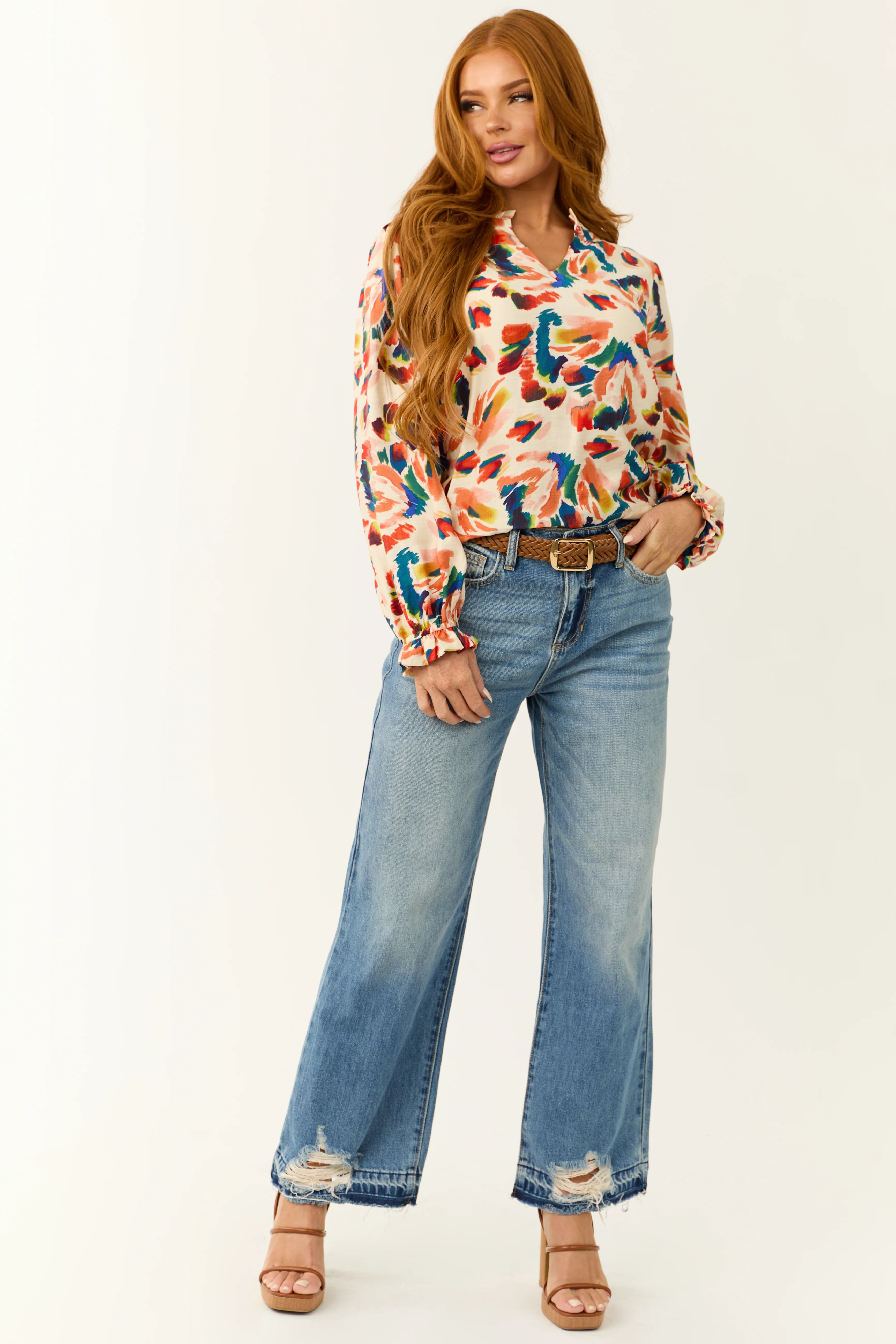 Cream Abstract Print Long Sleeve Frill Top - Image 3
