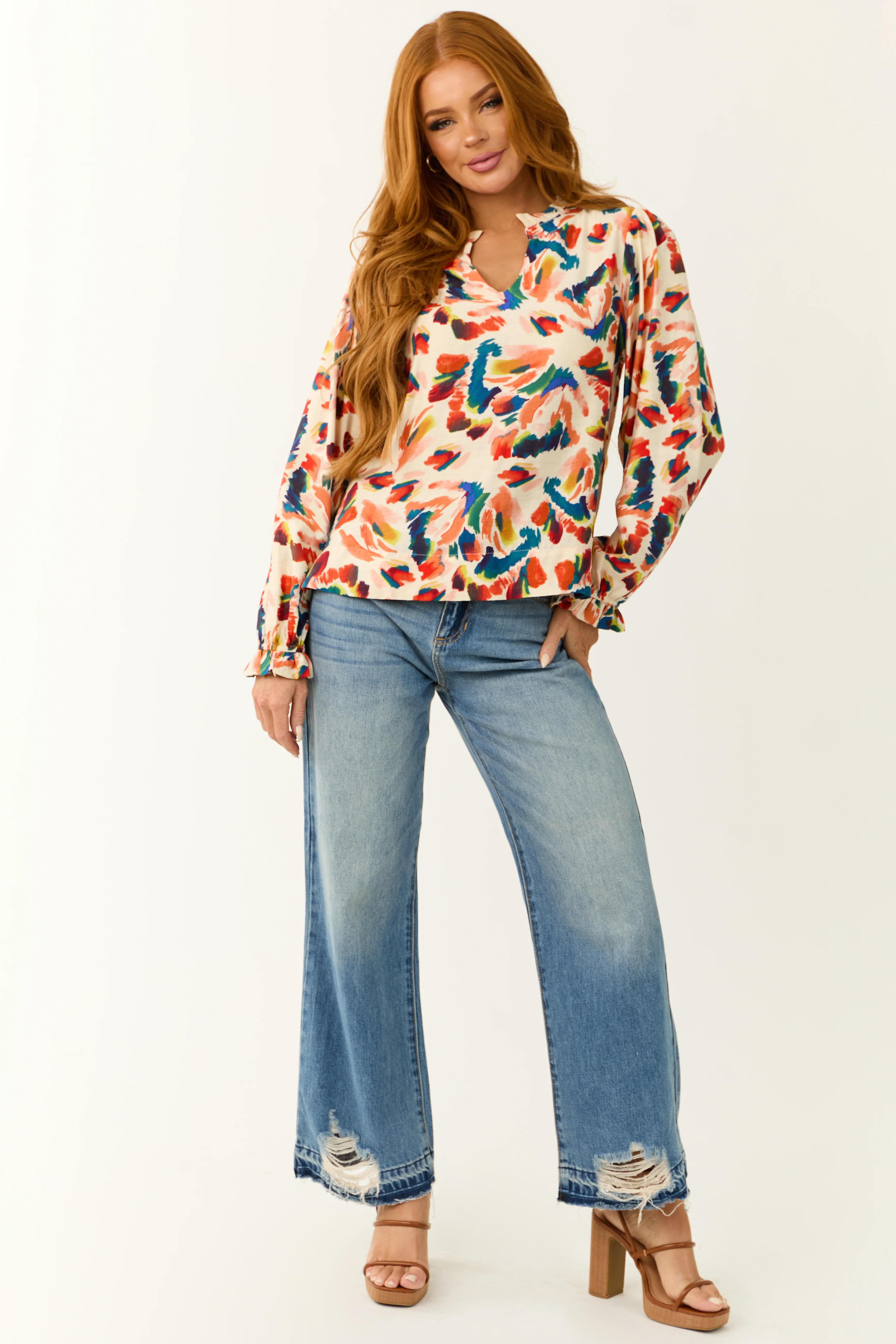 Cream Abstract Print Long Sleeve Frill Top - Image 4