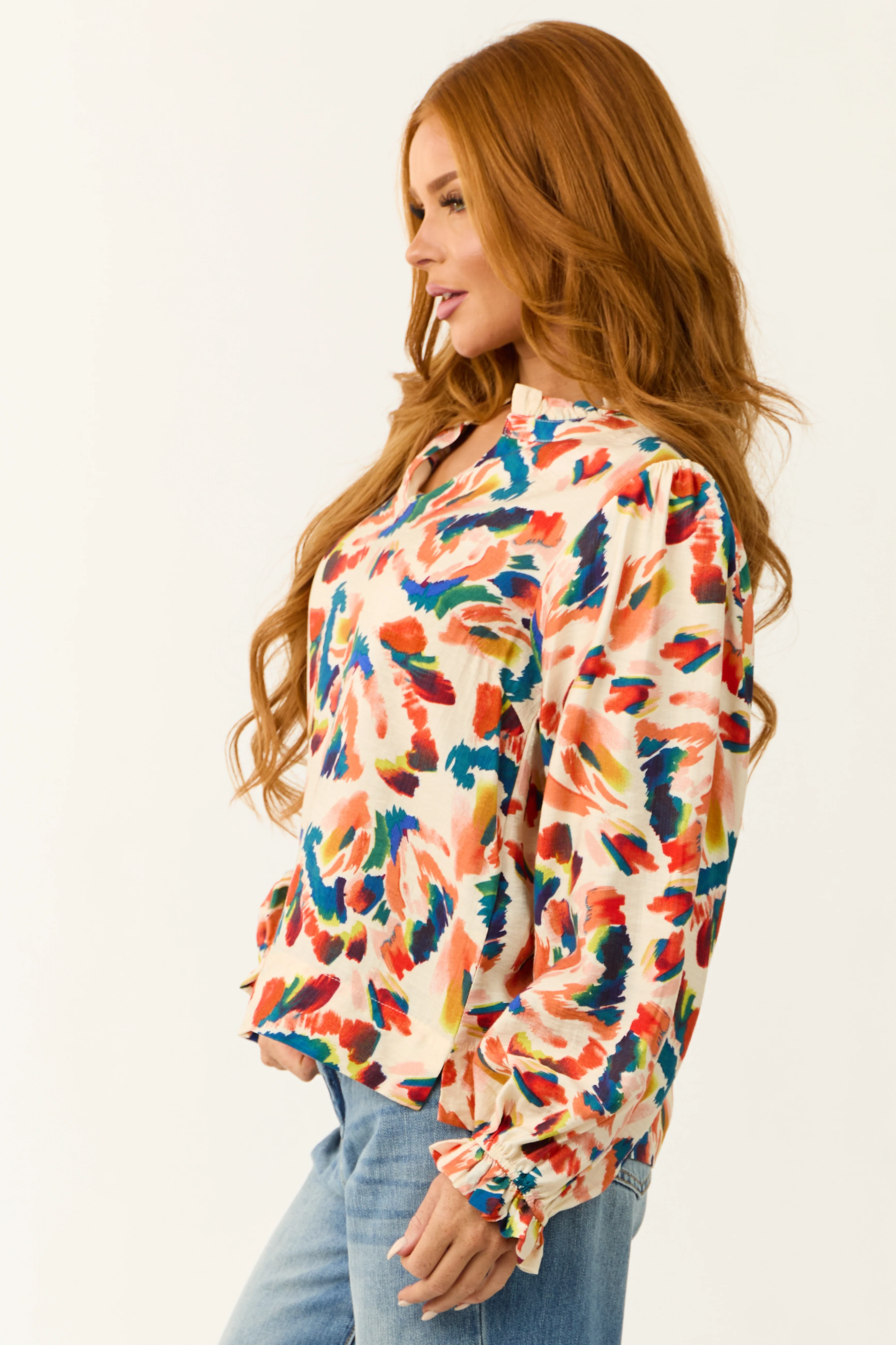 Cream Abstract Print Long Sleeve Frill Top - Image 5