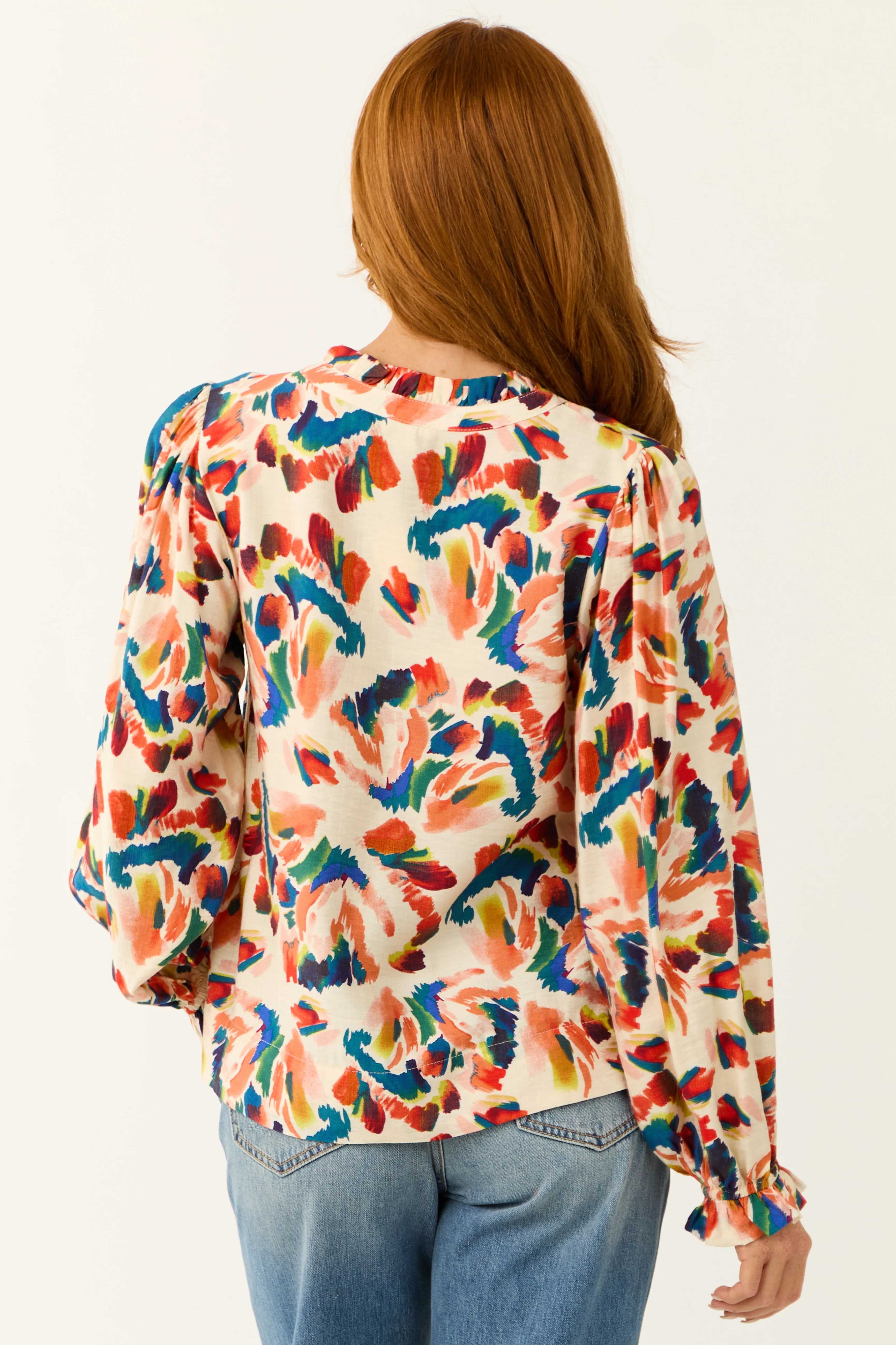 Cream Abstract Print Long Sleeve Frill Top - Image 6