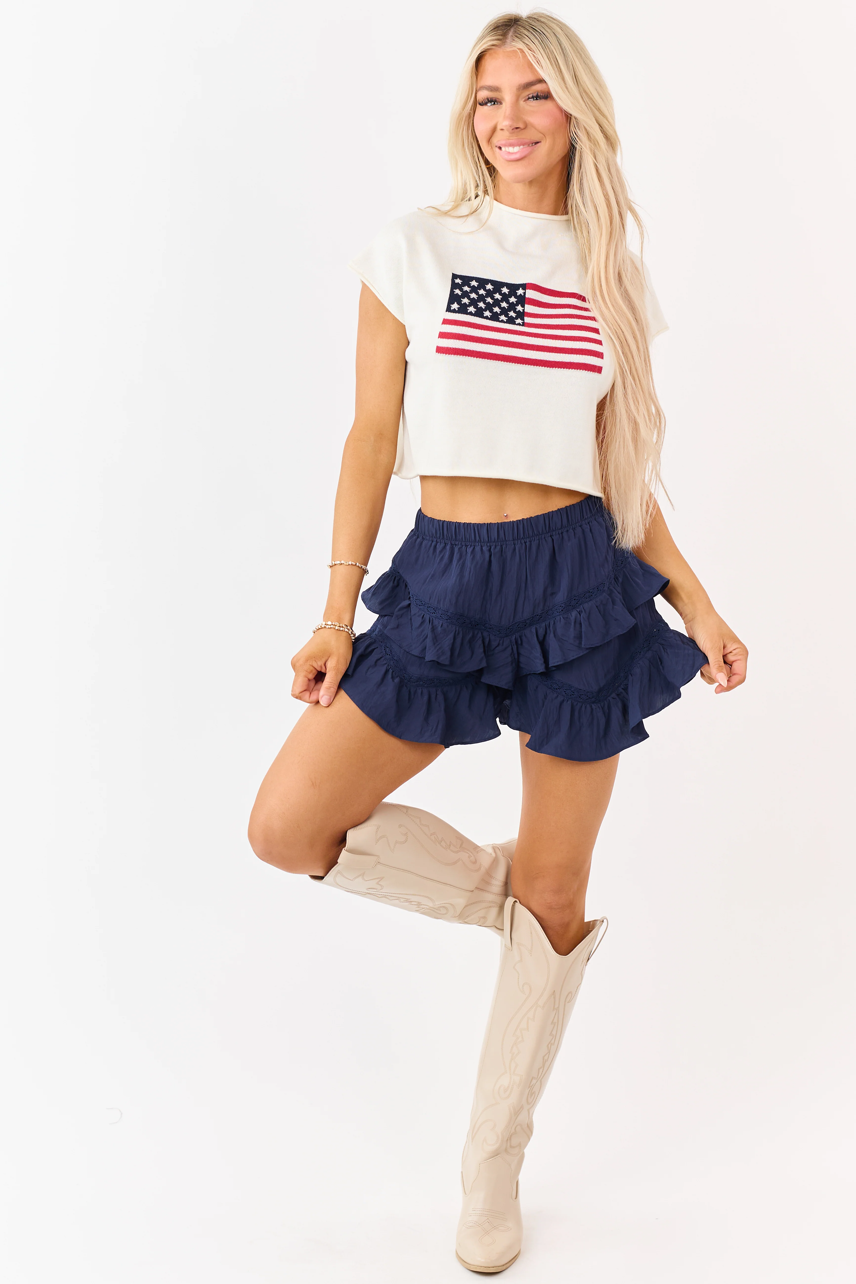 Cream American Flag Graphic Short Sleeve Top - Image 2