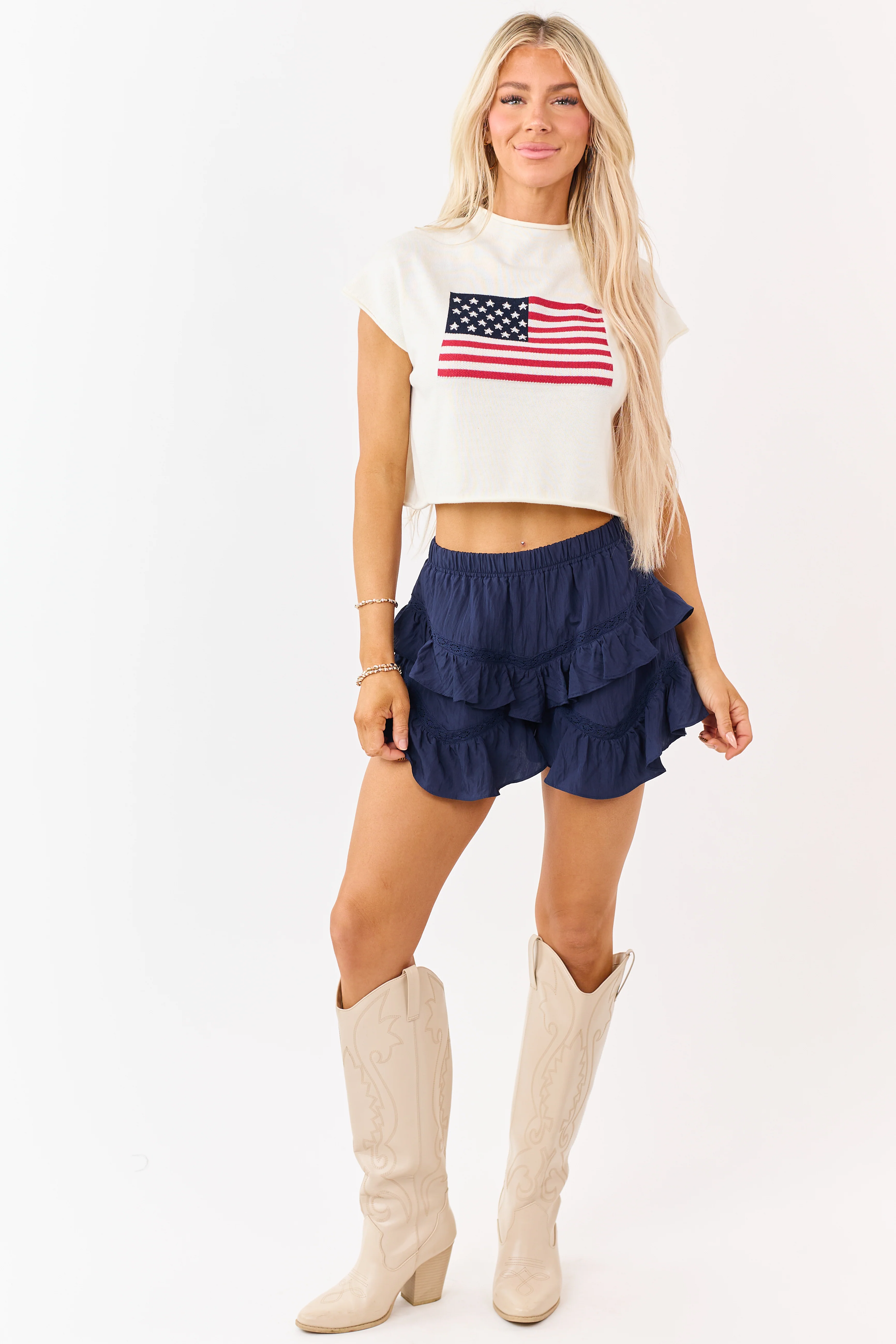 Cream American Flag Graphic Short Sleeve Top - Image 3